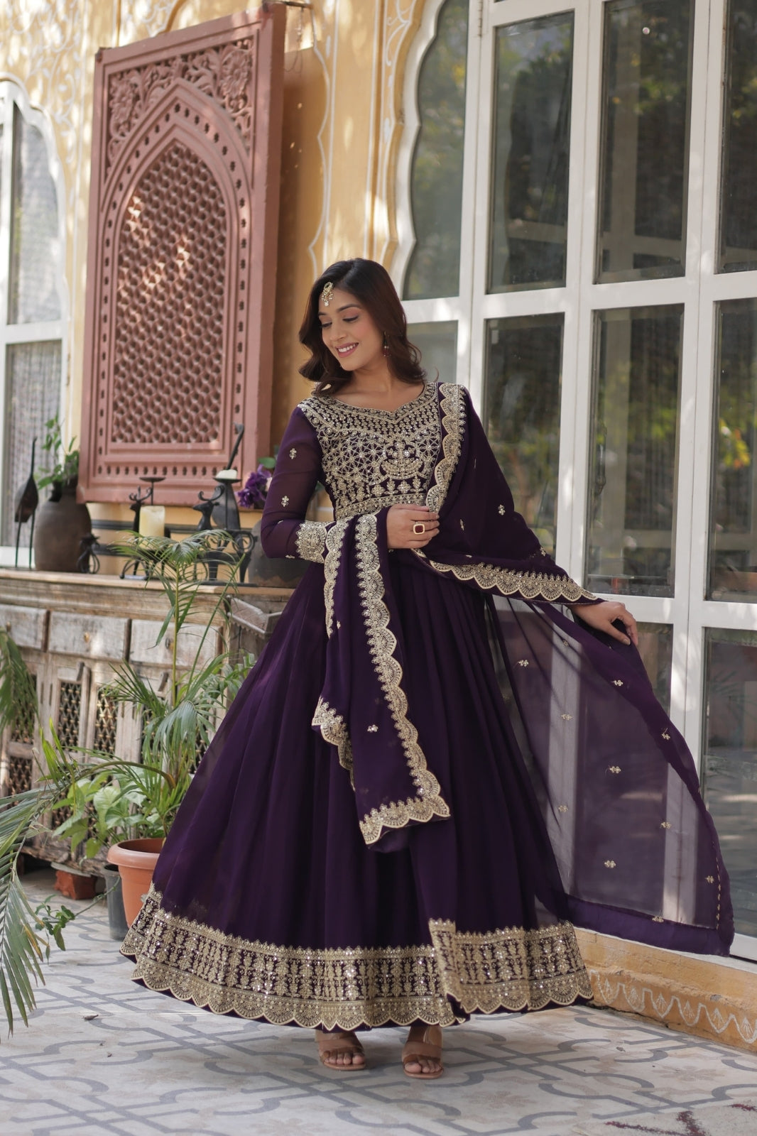 Premium Designer Readymade Gown with Dupatta – Faux Blooming Fabric & Zari Sequins Work