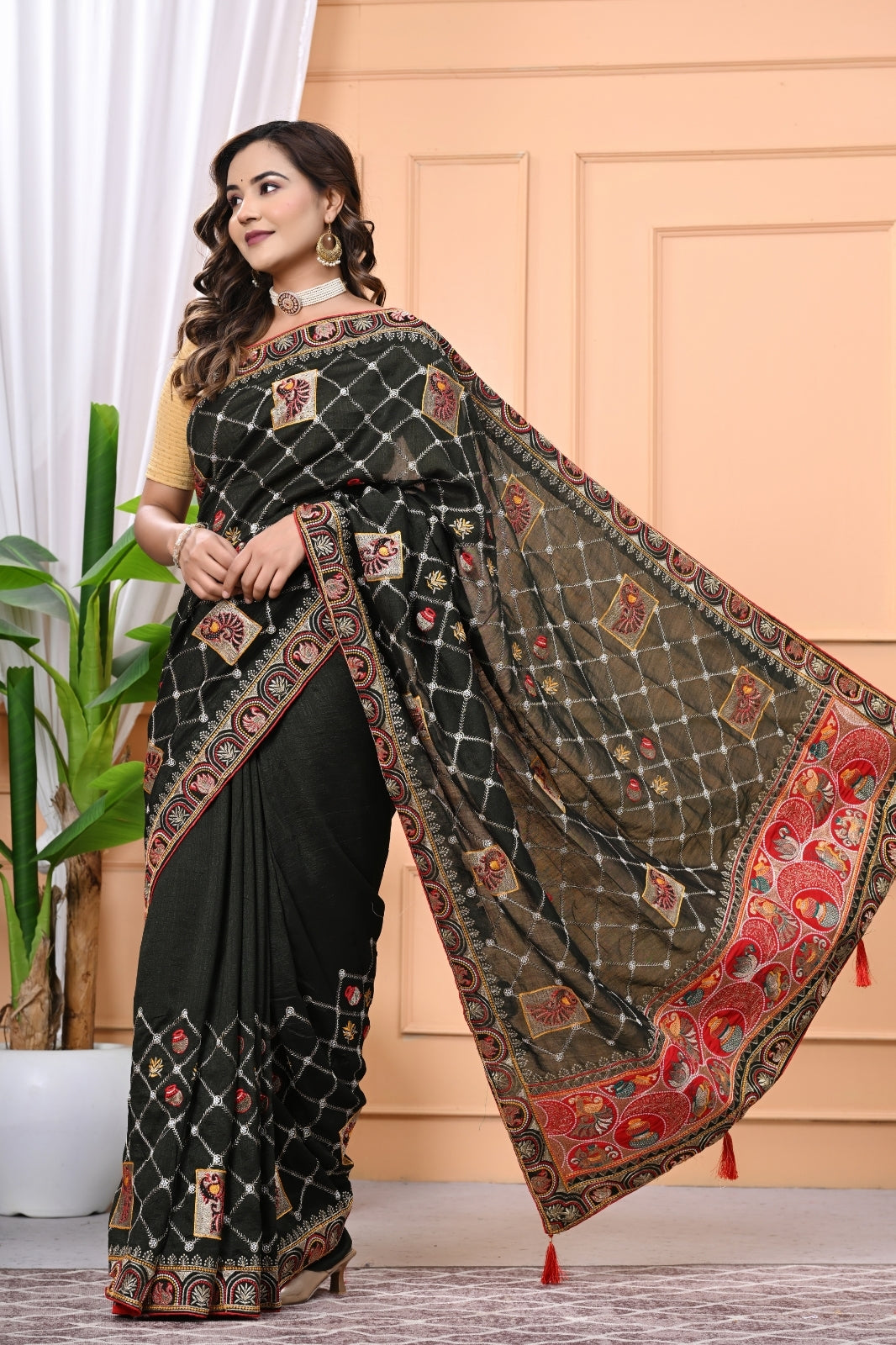 Vichitra Silk Designer Saree with Zari & DMC Stone Work