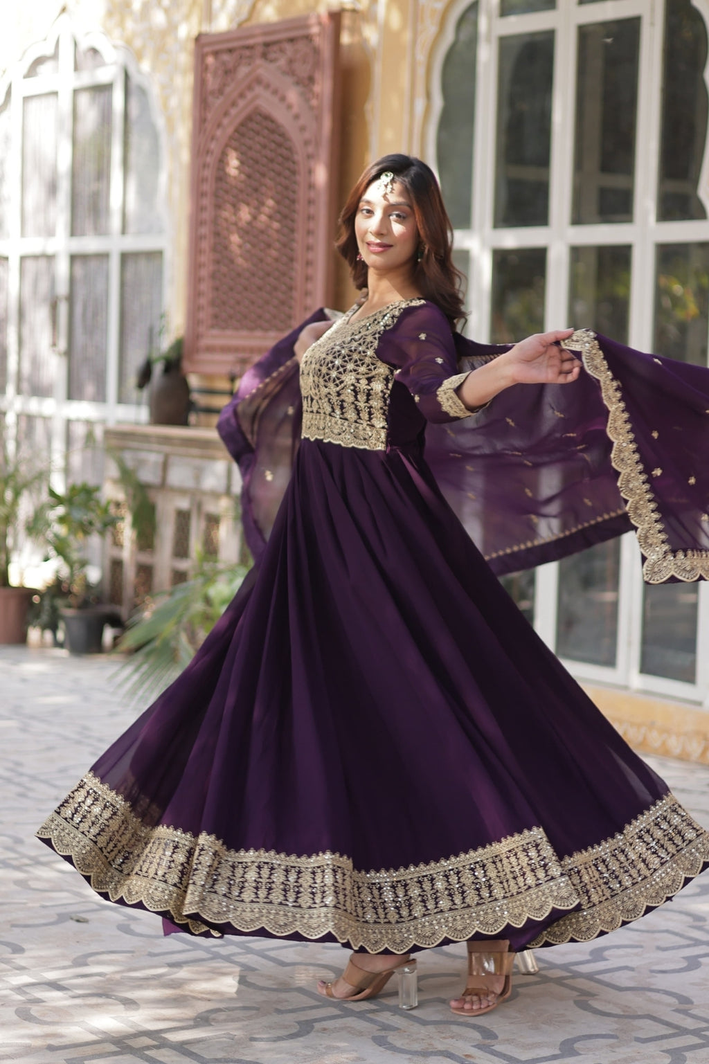 Premium Designer Readymade Gown with Dupatta – Faux Blooming Fabric & Zari Sequins Work