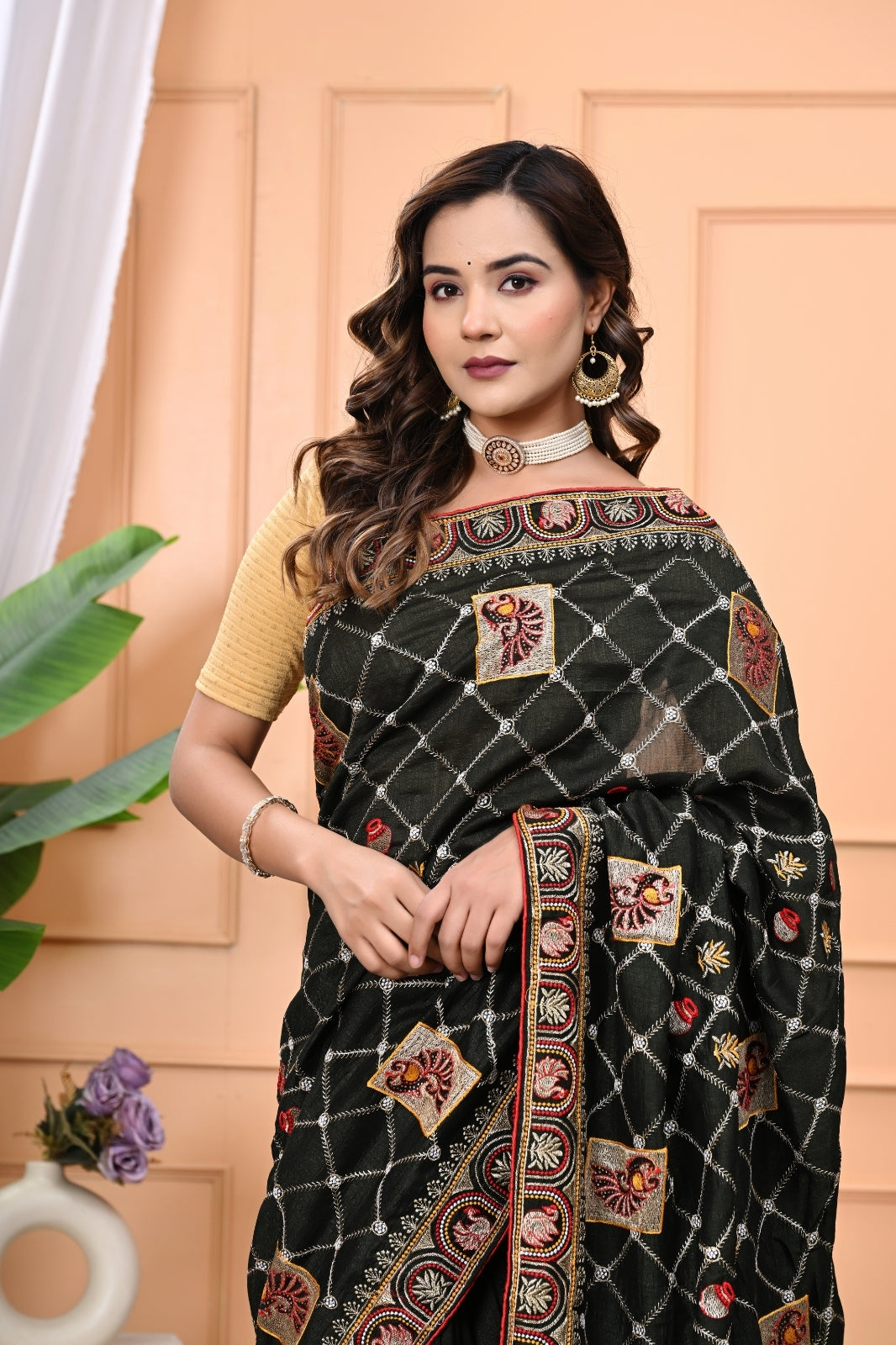 Vichitra Silk Designer Saree with Zari & DMC Stone Work