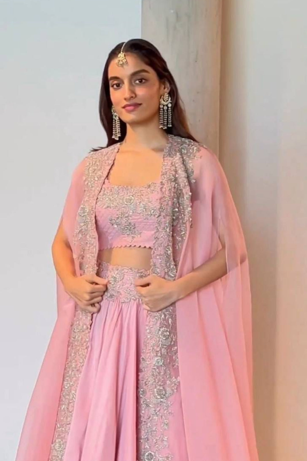 Elegant Chinon Lehenga Set with Shrug – Thread & Sequin Work | 3-Piece Designer Outfit