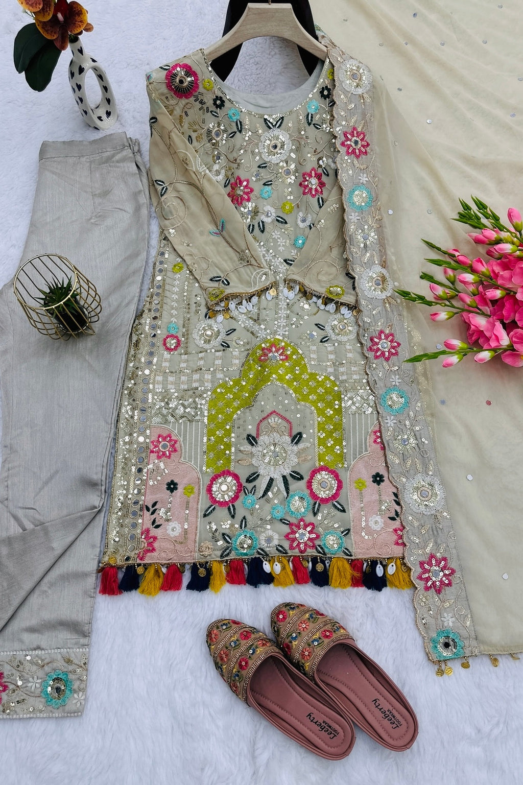 Designer Heavy Embroidered Party Wear Suit with Dupatta & Pant