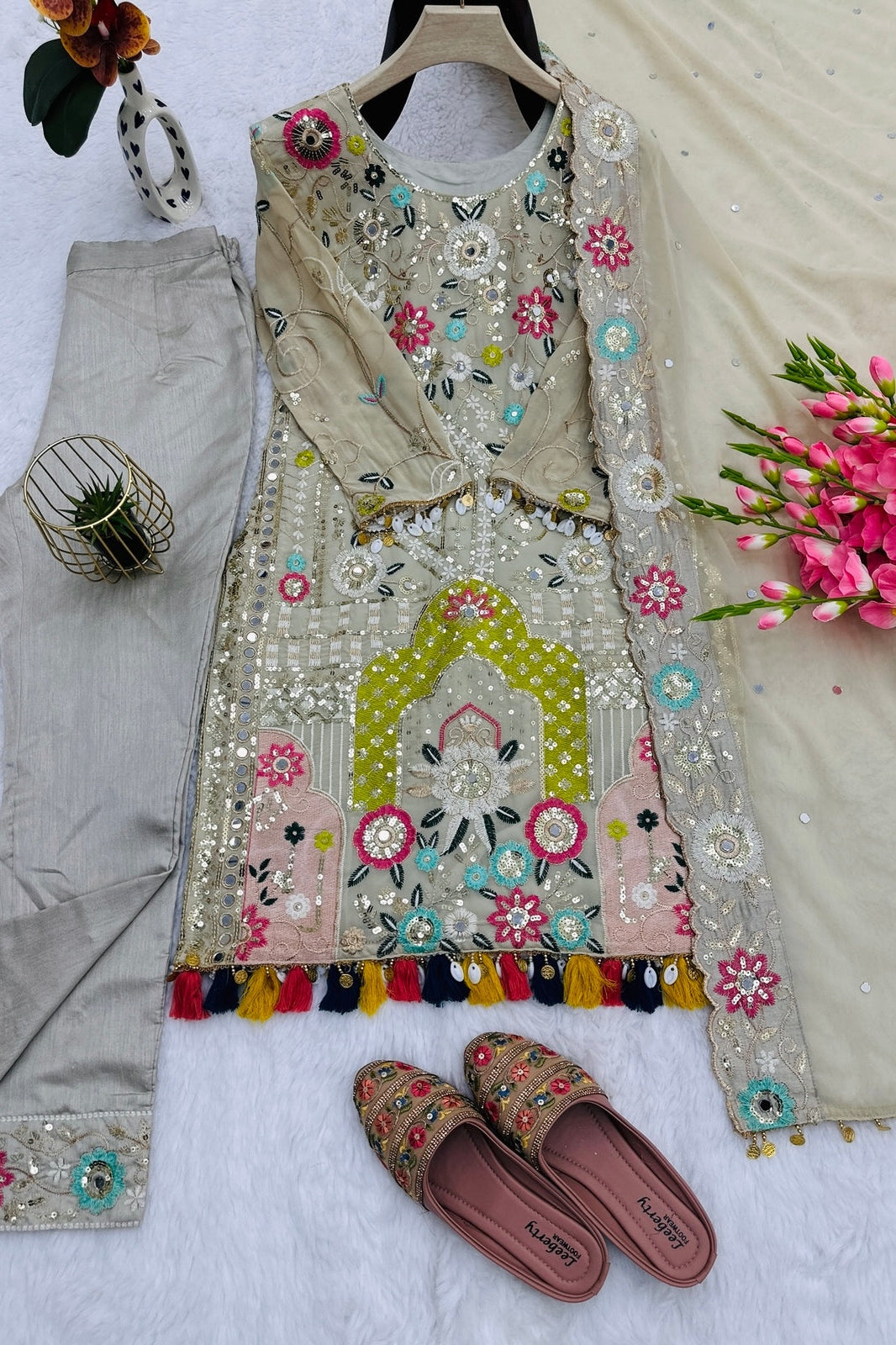 Designer Heavy Embroidered Party Wear Suit with Dupatta & Pant