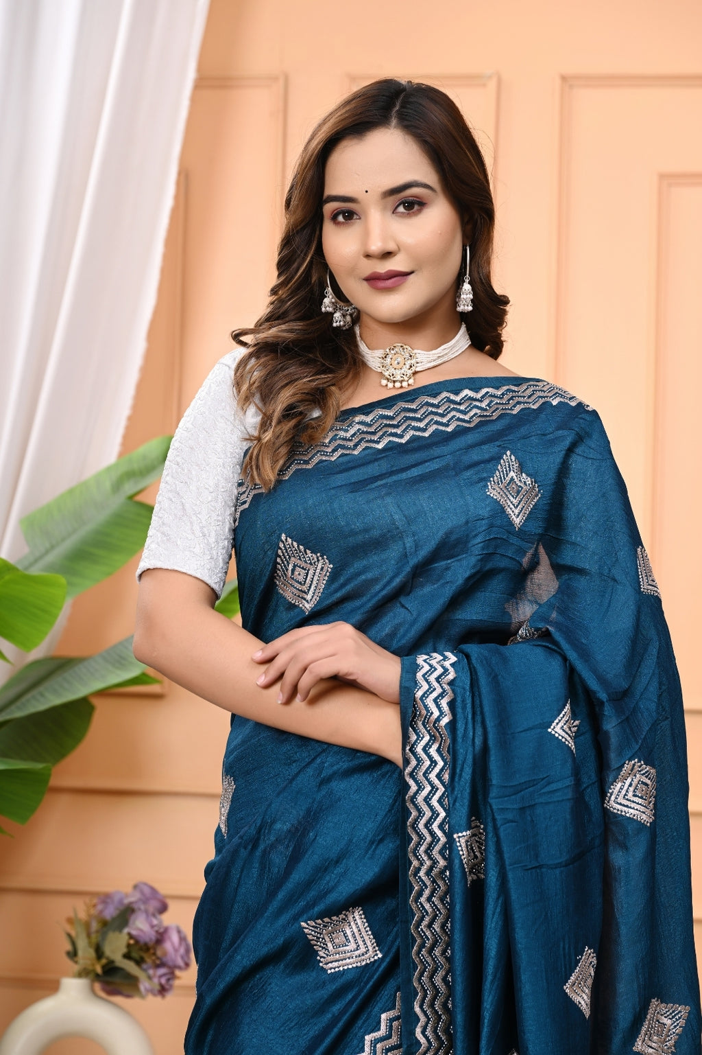 Vichitra Blooming Designer Saree with Heavy Zircon Stone Work