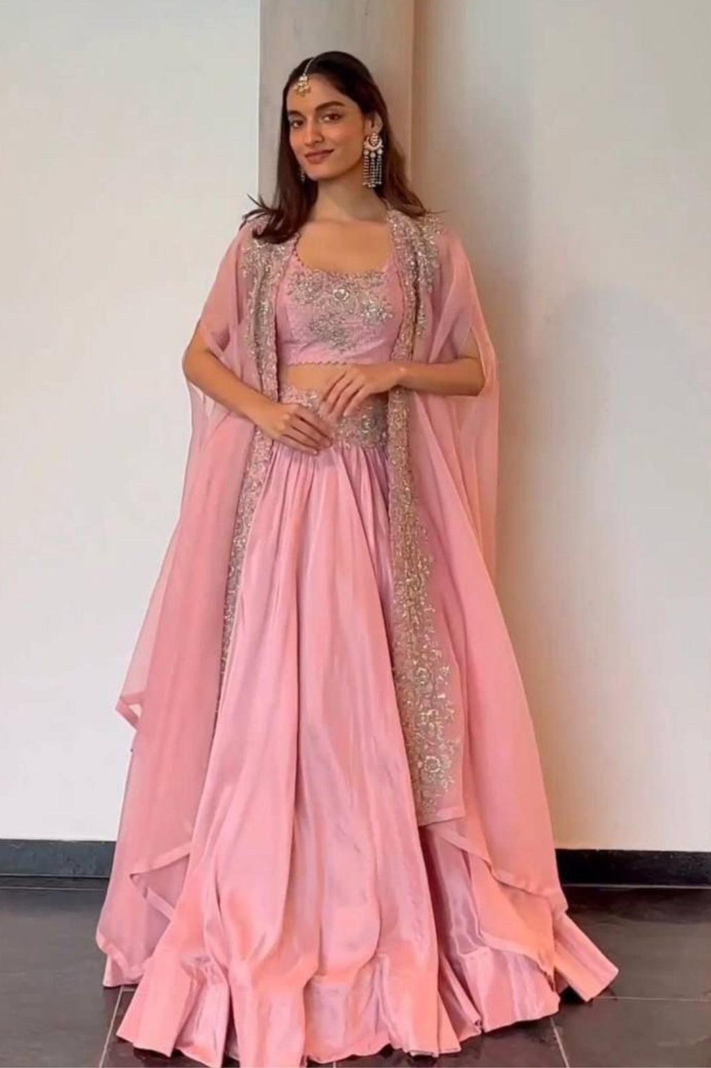 Elegant Chinon Lehenga Set with Shrug – Thread & Sequin Work | 3-Piece Designer Outfit