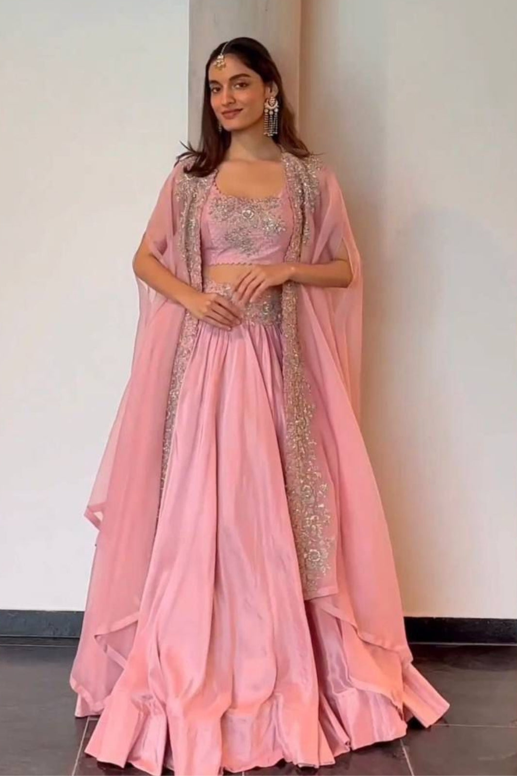 Elegant Chinon Lehenga Set with Shrug – Thread & Sequin Work | 3-Piece Designer Outfit