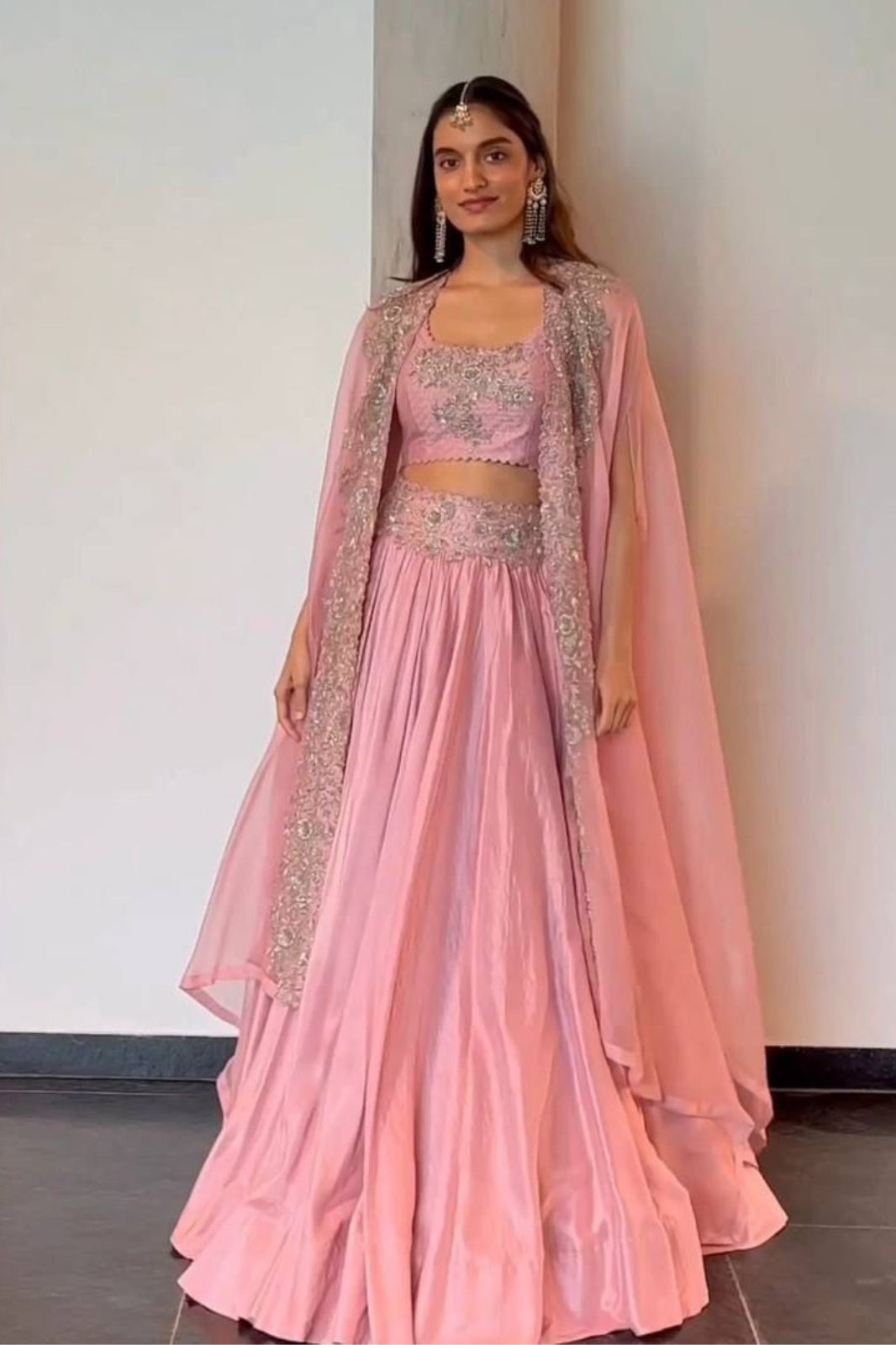 Elegant Chinon Lehenga Set with Shrug – Thread & Sequin Work | 3-Piece Designer Outfit