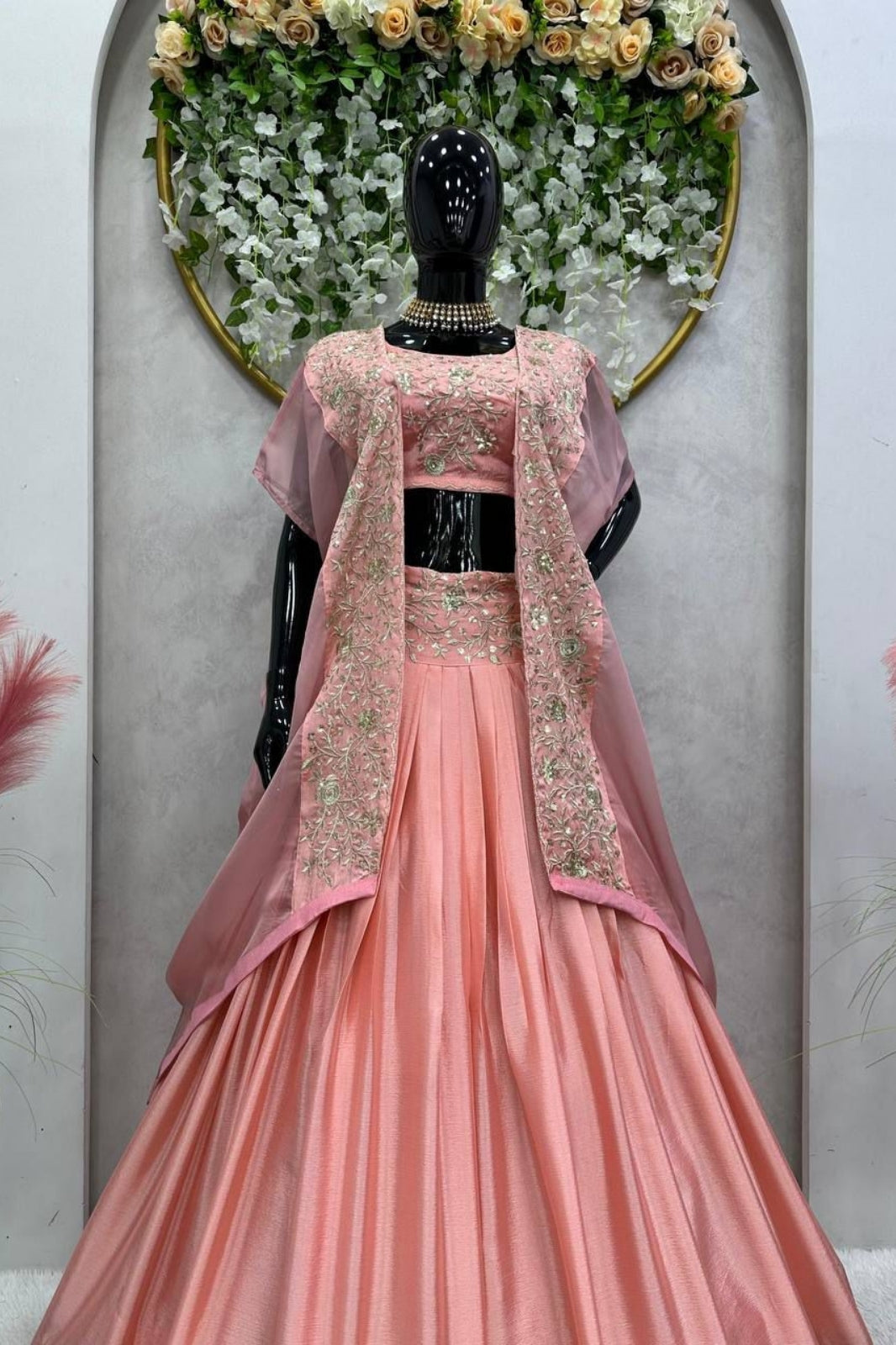 Elegant Chinon Lehenga Set with Shrug – Thread & Sequin Work | 3-Piece Designer Outfit