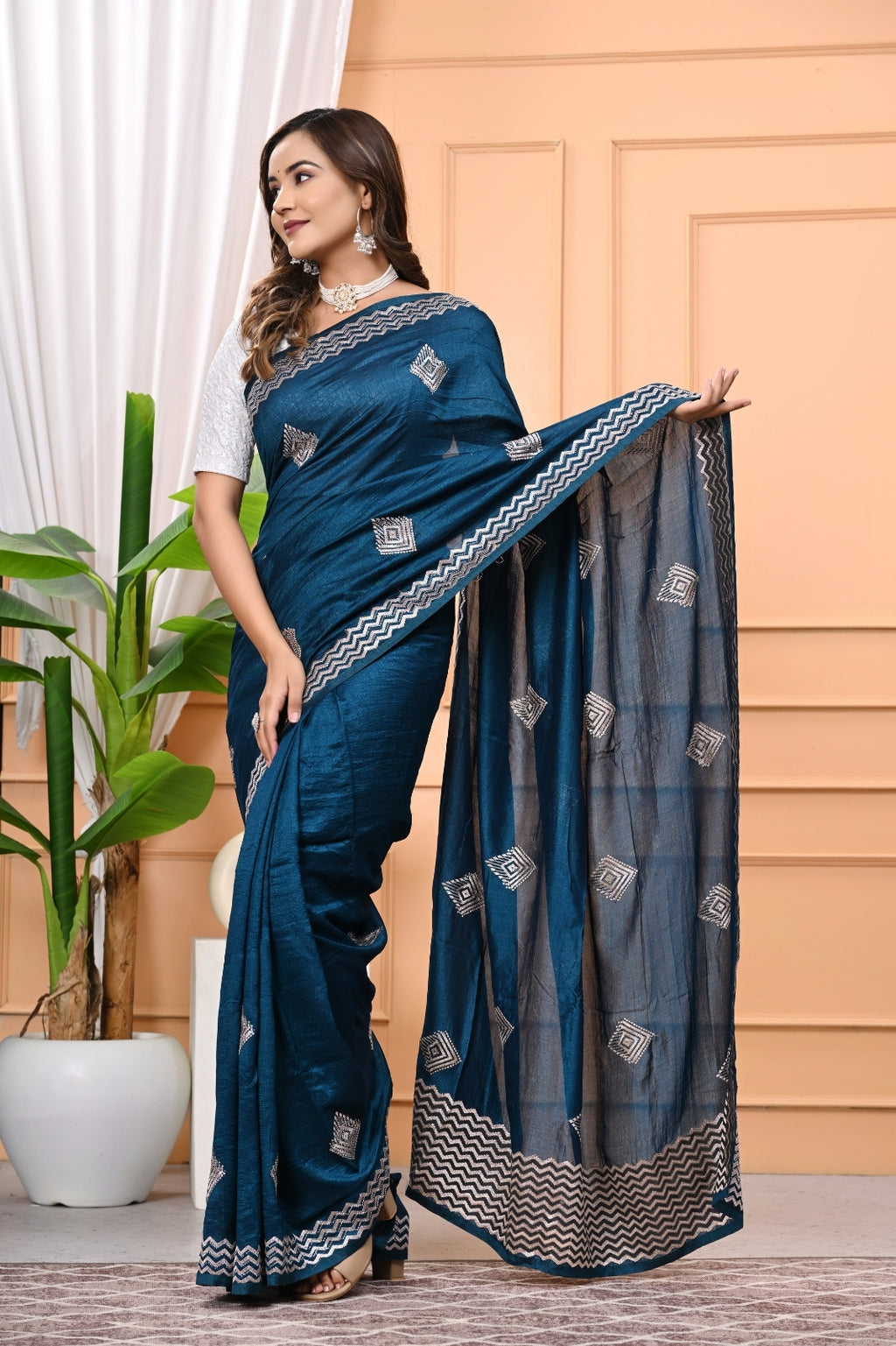 Vichitra Blooming Designer Saree with Heavy Zircon Stone Work