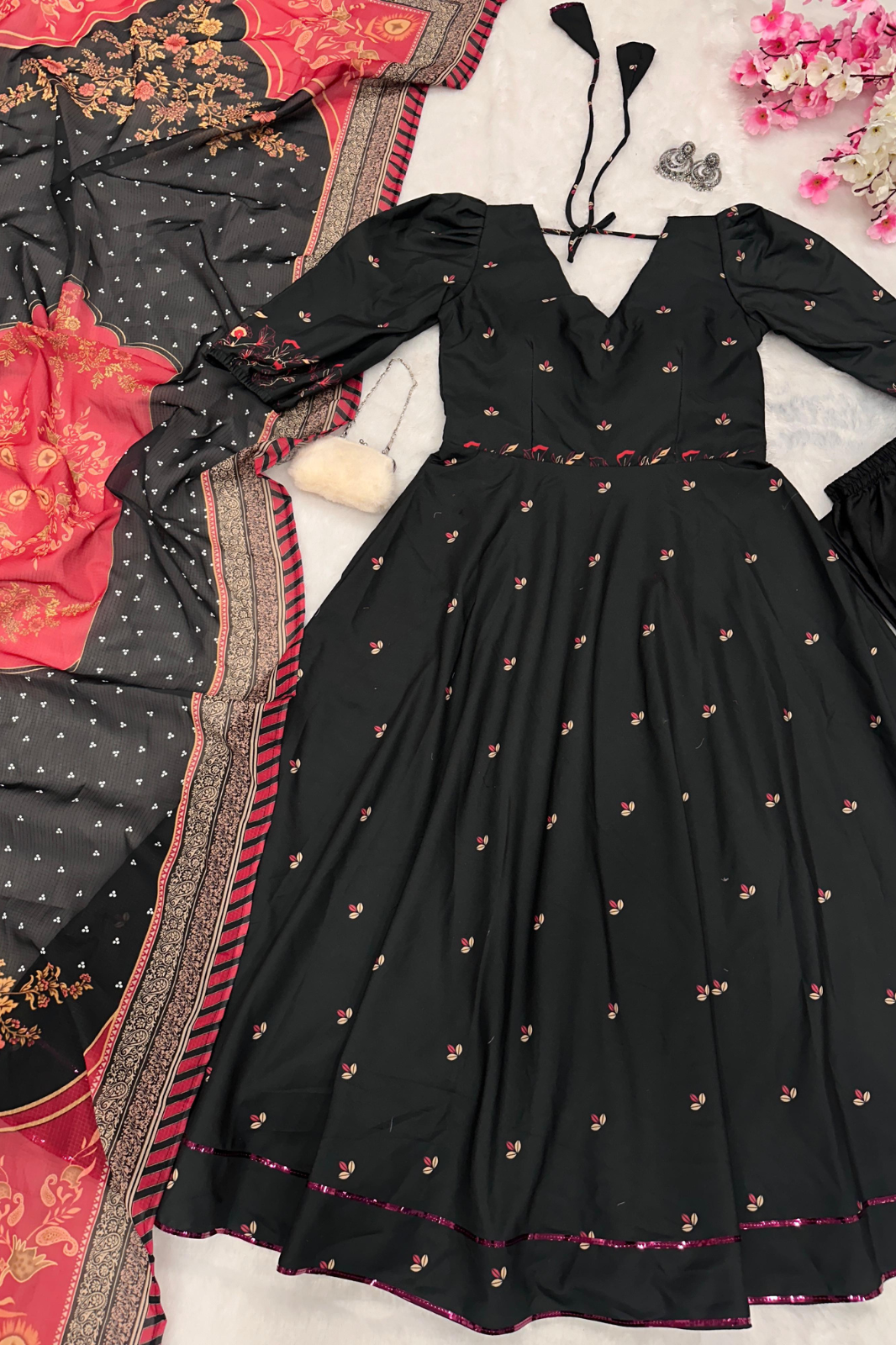 Premium Cotton Anarkali with Balloon Sleeves & Printed Dupatta