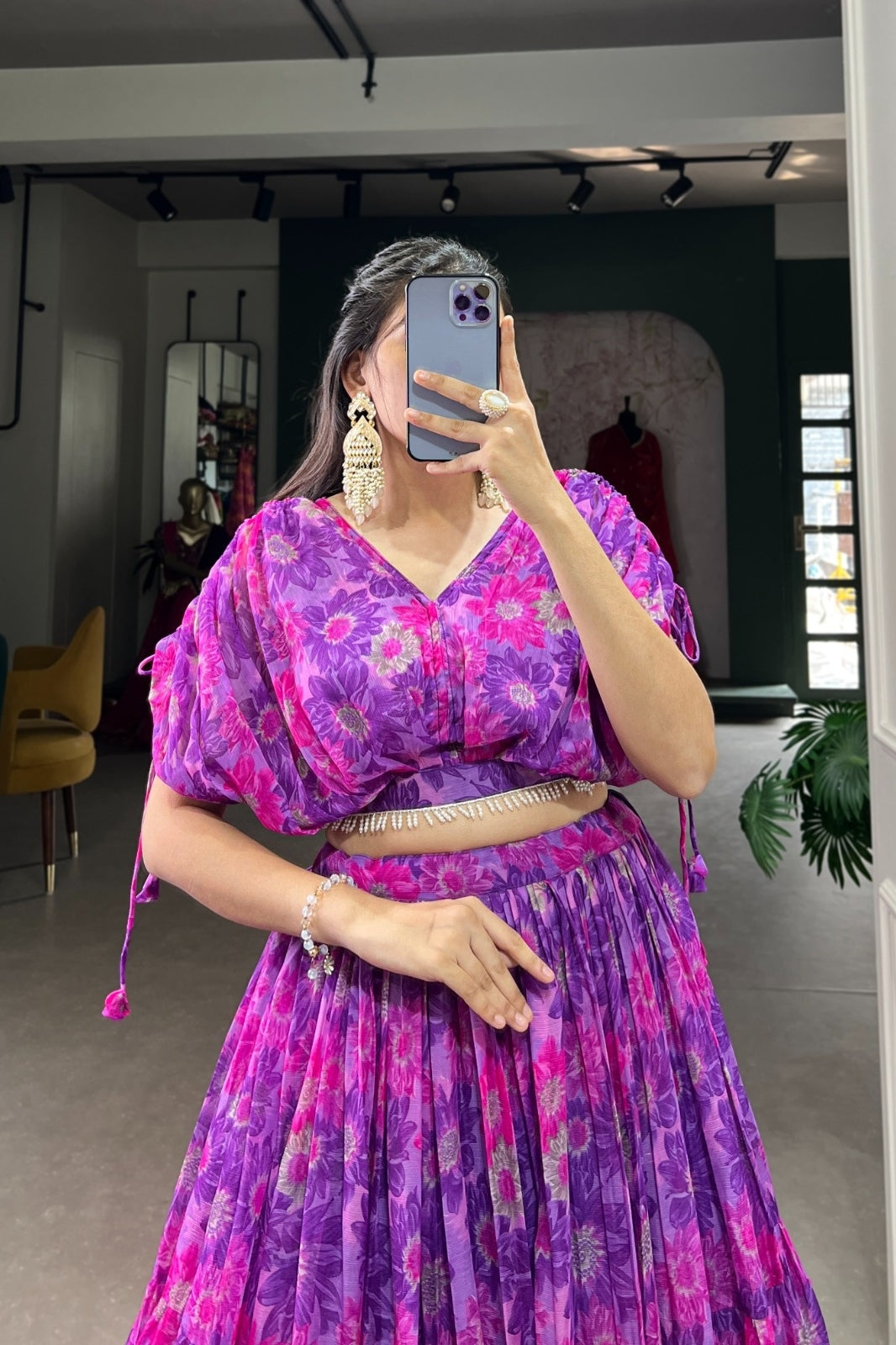 Floral Chiffon Purple Co-ord Lehenga Set – Stitched Lehenga & Blouse | Elegant & Lightweight (Copy)