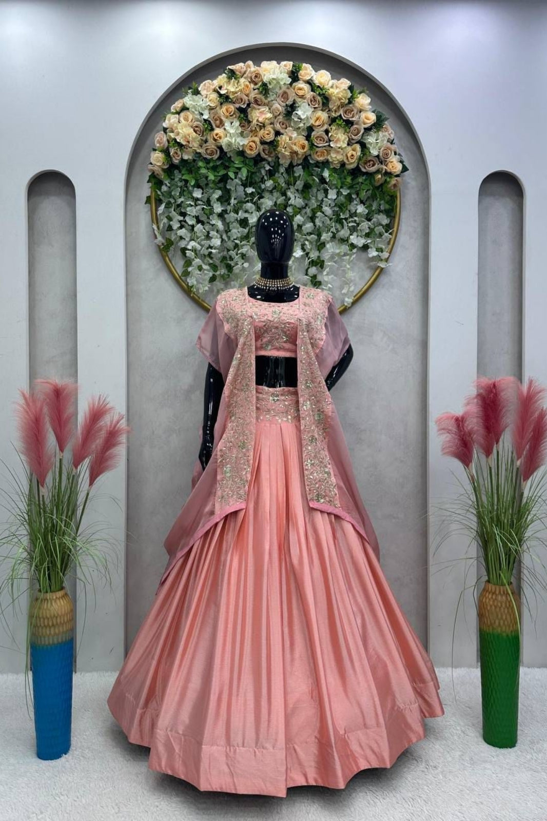 Elegant Chinon Lehenga Set with Shrug – Thread & Sequin Work | 3-Piece Designer Outfit