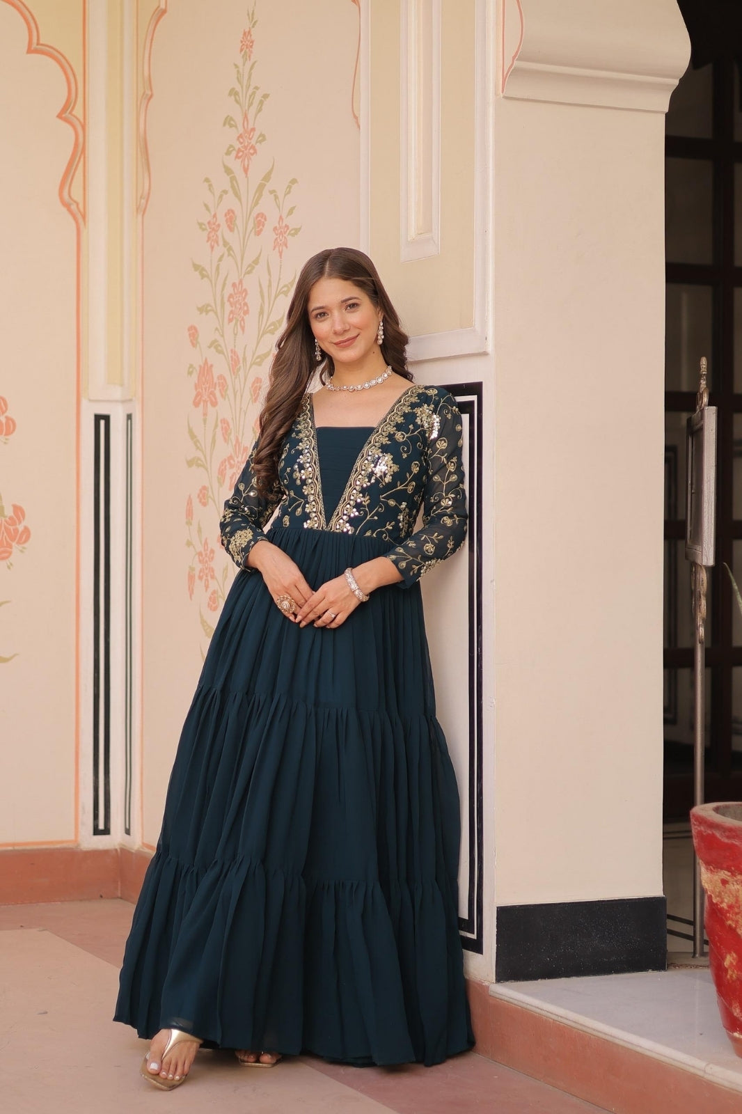 Premium Designer Embroidered Gown Faux Blooming With Sequins work