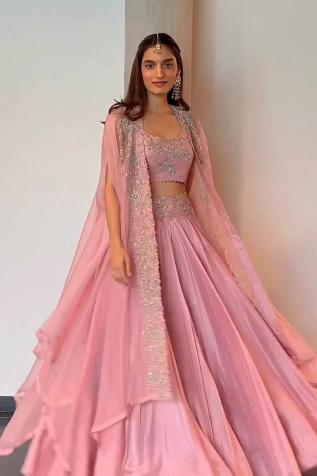Elegant Chinon Lehenga Set with Shrug – Thread & Sequin Work | 3-Piece Designer Outfit