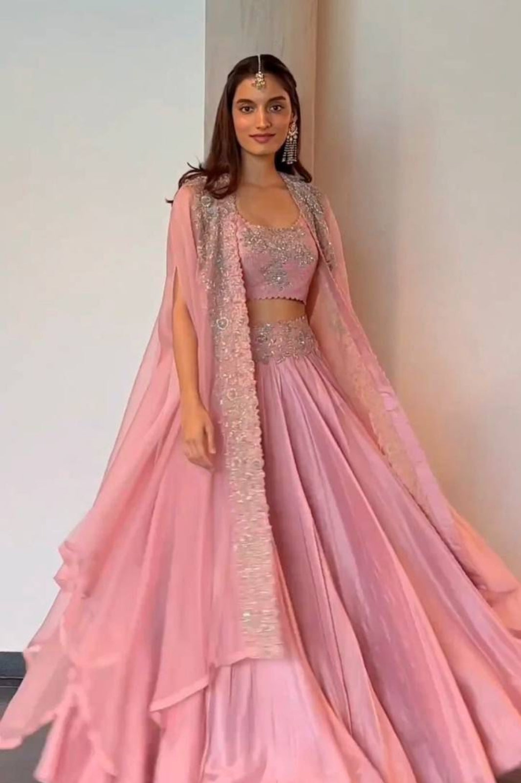 Elegant Chinon Lehenga Set with Shrug – Thread & Sequin Work | 3-Piece Designer Outfit