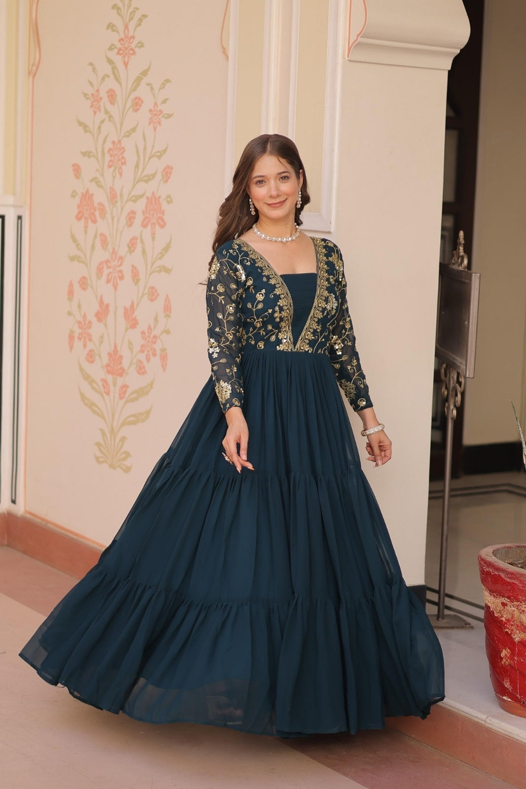 Premium Designer Embroidered Gown Faux Blooming With Sequins work