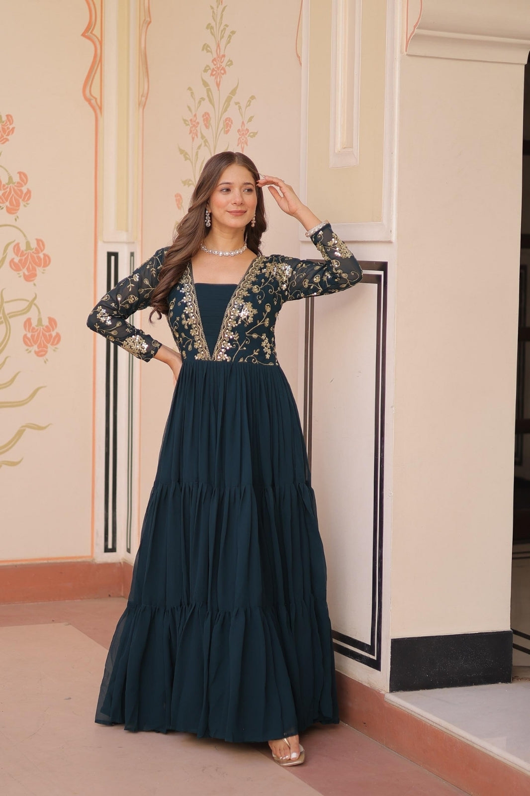 Premium Designer Embroidered Gown Faux Blooming With Sequins work