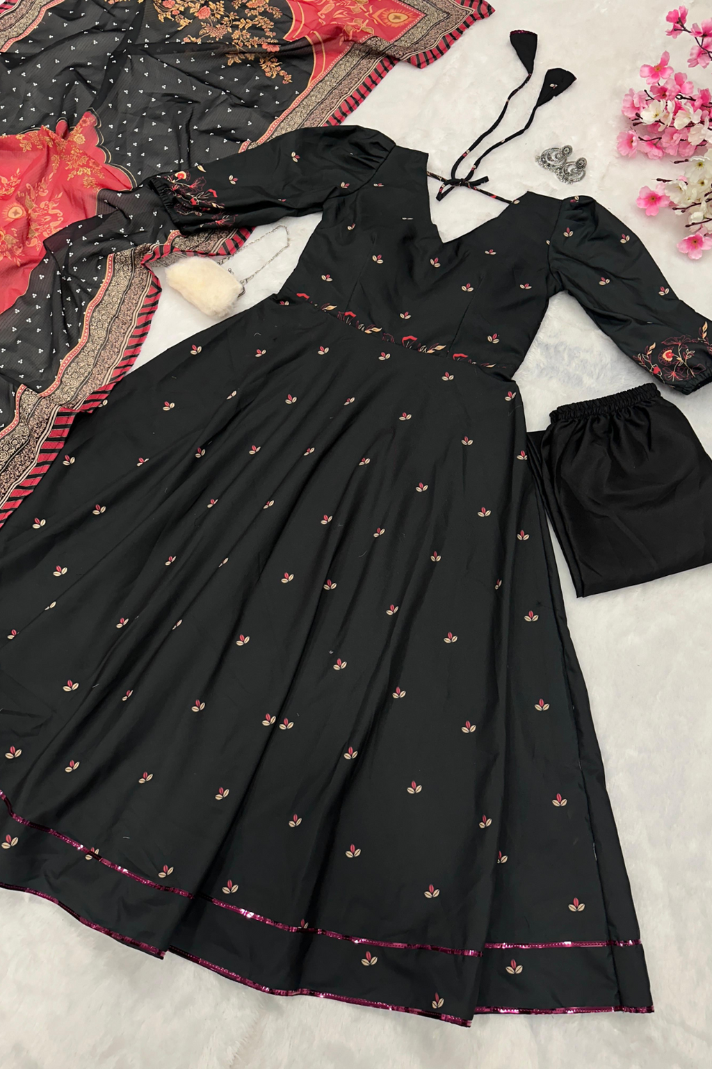 Premium Cotton Anarkali with Balloon Sleeves & Printed Dupatta