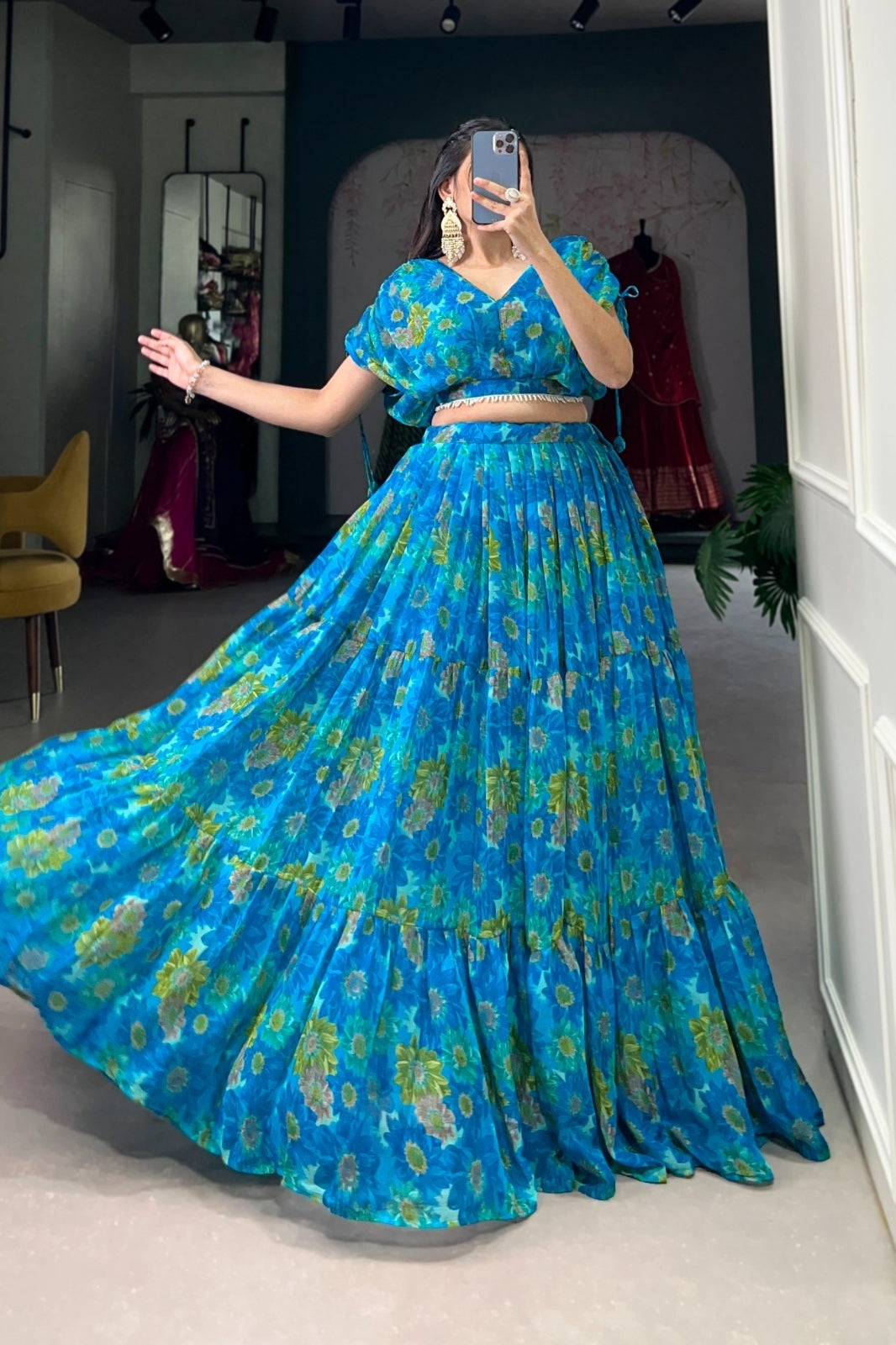 Floral Chiffon Sea Blue Co-ord Lehenga Set – Stitched Lehenga & Blouse | Elegant & Lightweight (Copy) (Copy)
