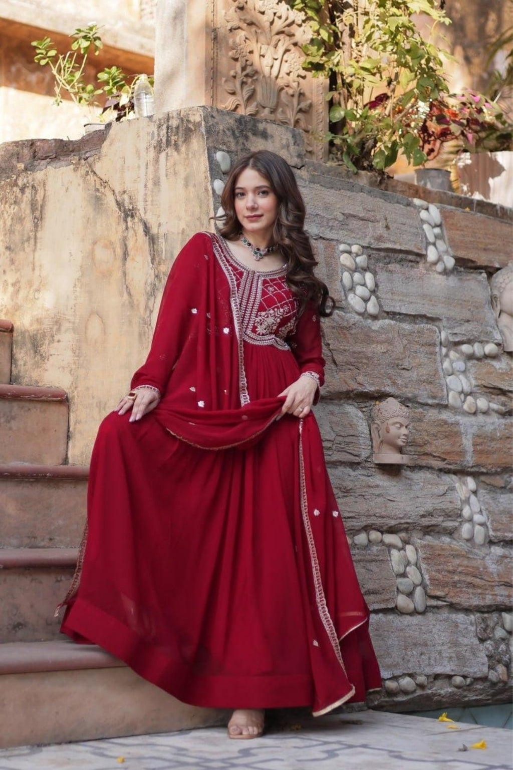 Premium Embroidered Faux Blooming Gown with Dupatta