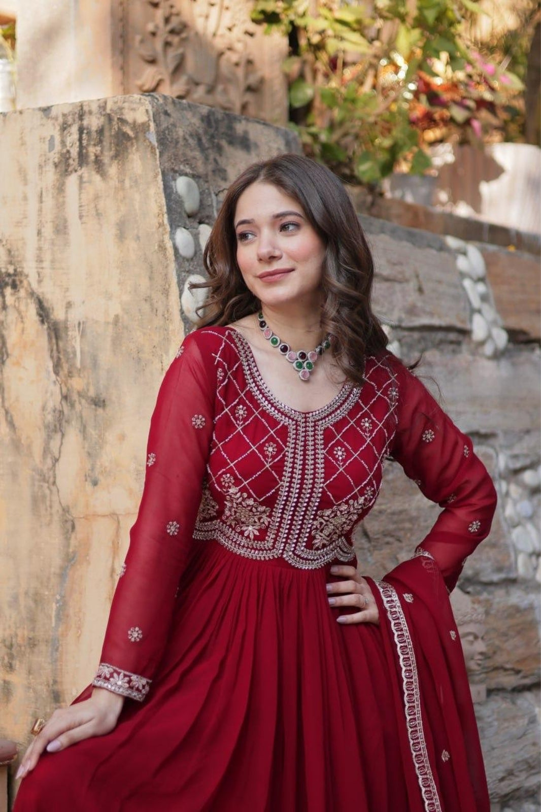 Premium Embroidered Faux Blooming Gown with Dupatta