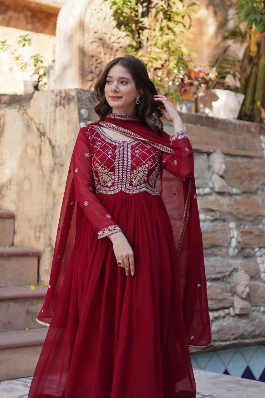 Premium Embroidered Faux Blooming Gown with Dupatta