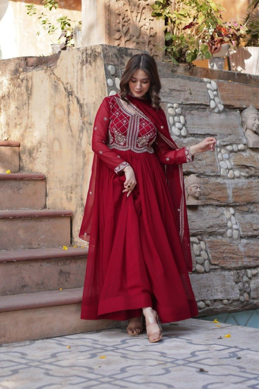 Premium Embroidered Faux Blooming Gown with Dupatta