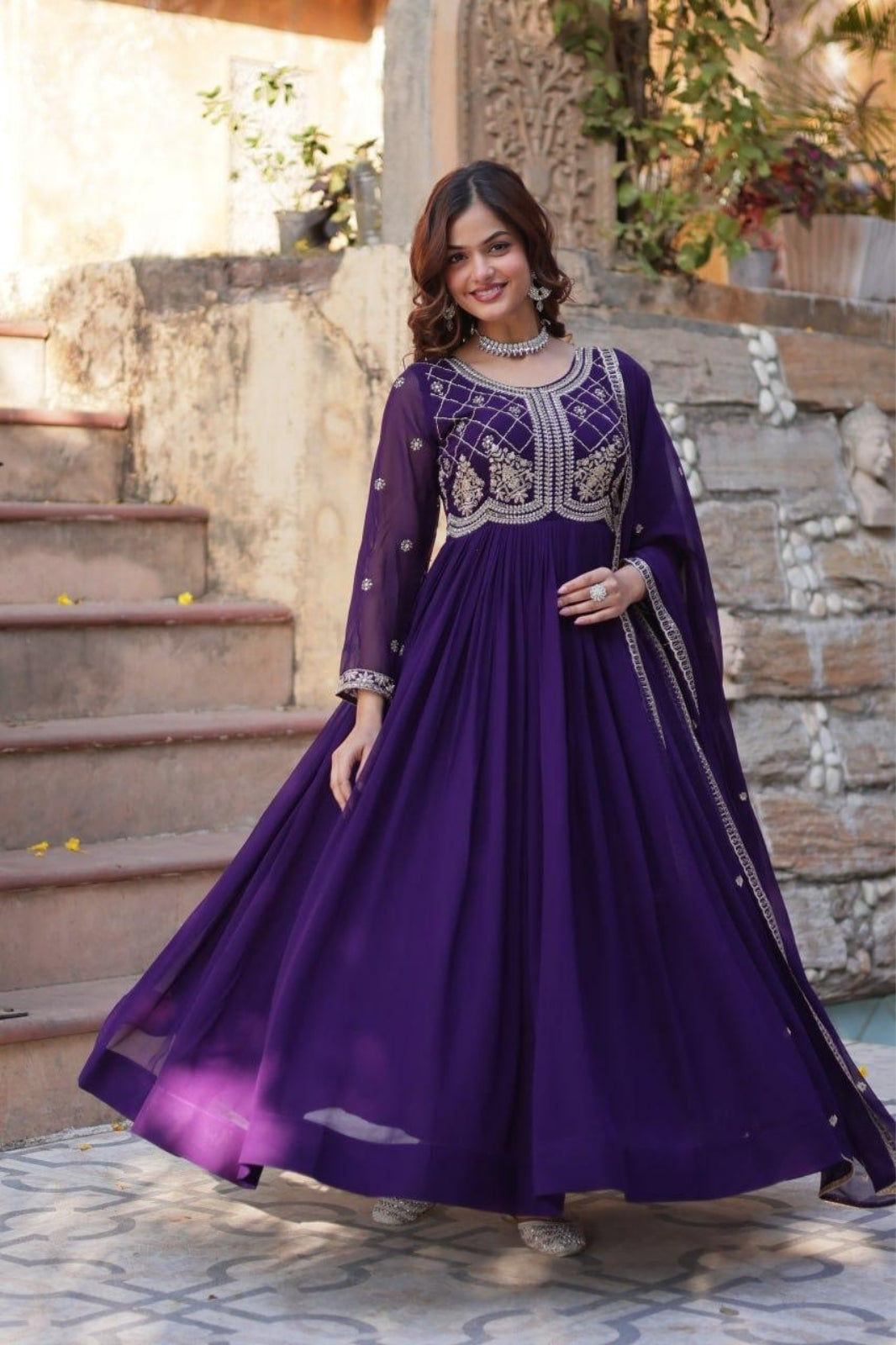 Premium Embroidered Faux Blooming Gown with Dupatta
