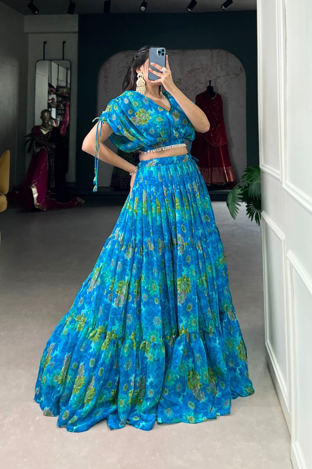 Floral Chiffon Sea Blue Co-ord Lehenga Set – Stitched Lehenga & Blouse | Elegant & Lightweight (Copy) (Copy)