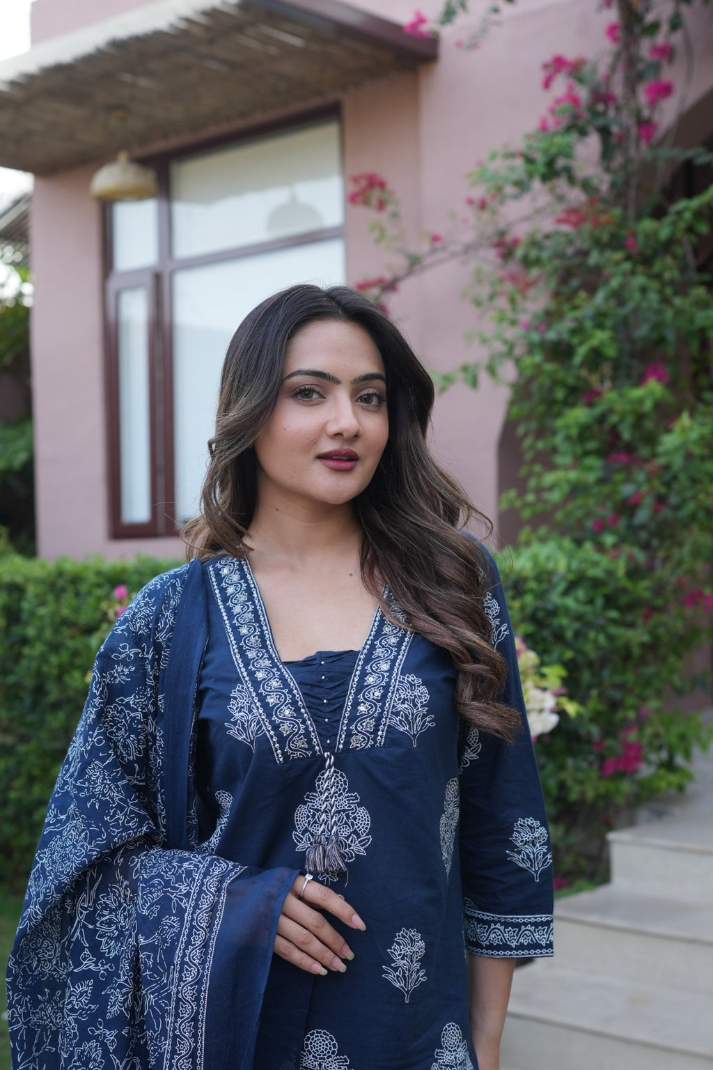 Navy Blue Embroidered Ethnic Set – Kurta, Pant & Dupatta