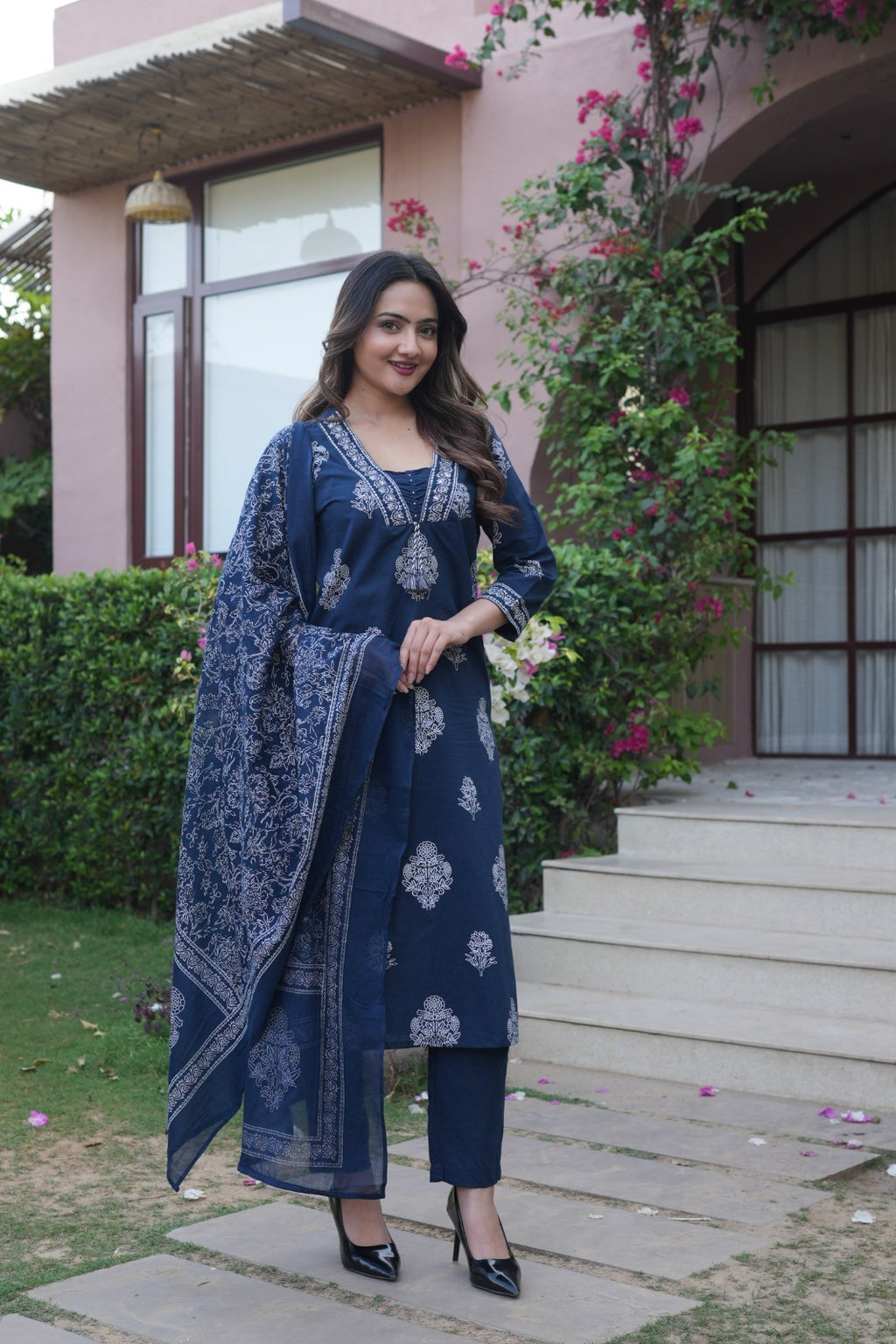 Navy Blue Embroidered Ethnic Set – Kurta, Pant & Dupatta