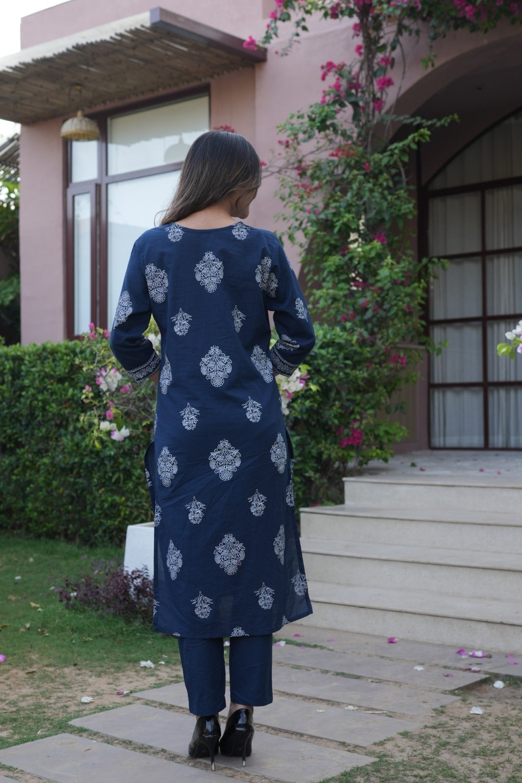 Navy Blue Embroidered Ethnic Set – Kurta, Pant & Dupatta