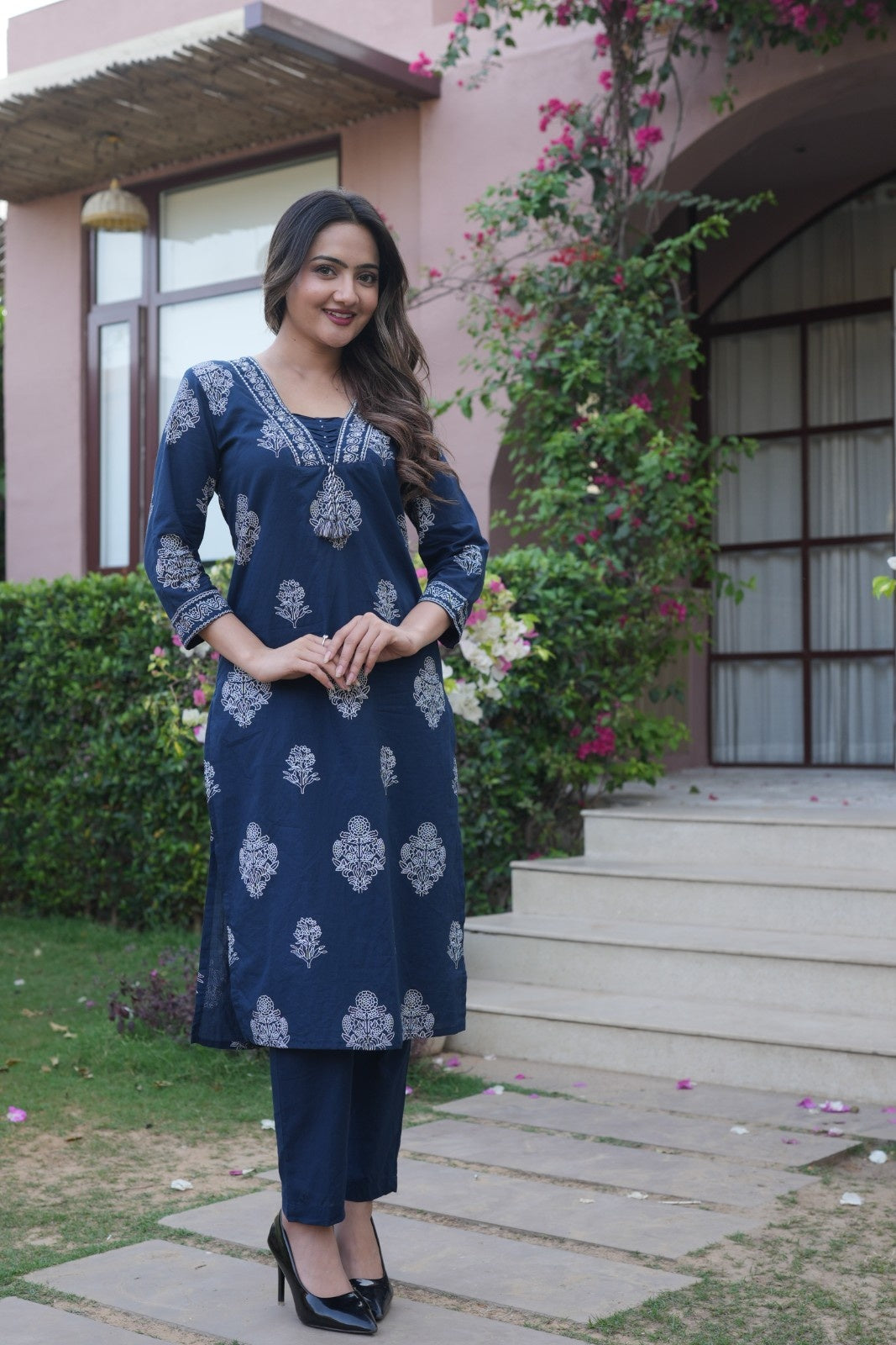 Navy Blue Embroidered Ethnic Set – Kurta, Pant & Dupatta