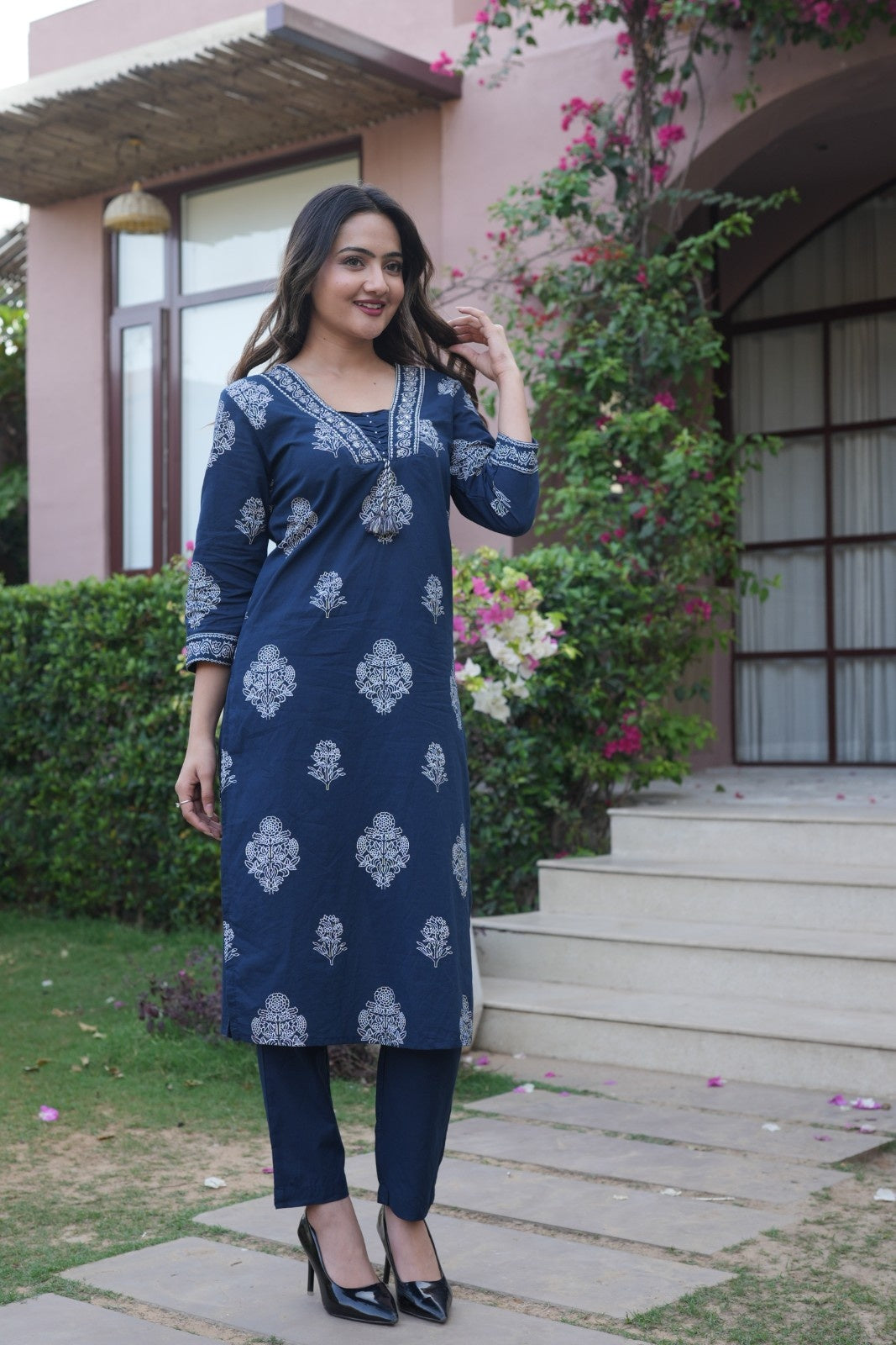 Navy Blue Embroidered Ethnic Set – Kurta, Pant & Dupatta