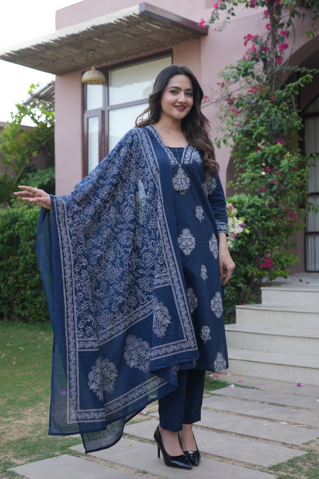Navy Blue Embroidered Ethnic Set – Kurta, Pant & Dupatta