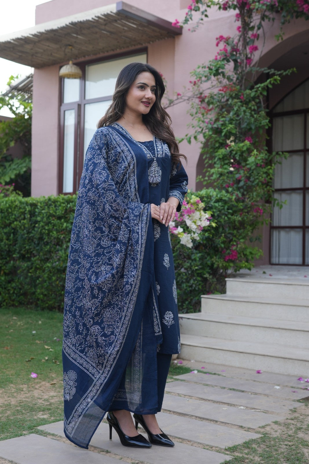 Navy Blue Embroidered Ethnic Set – Kurta, Pant & Dupatta