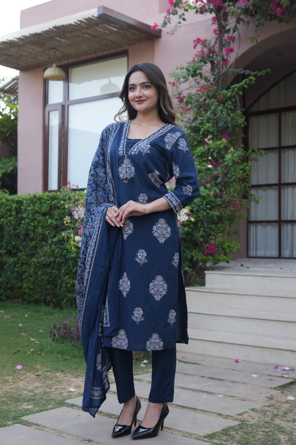Navy Blue Embroidered Ethnic Set – Kurta, Pant & Dupatta