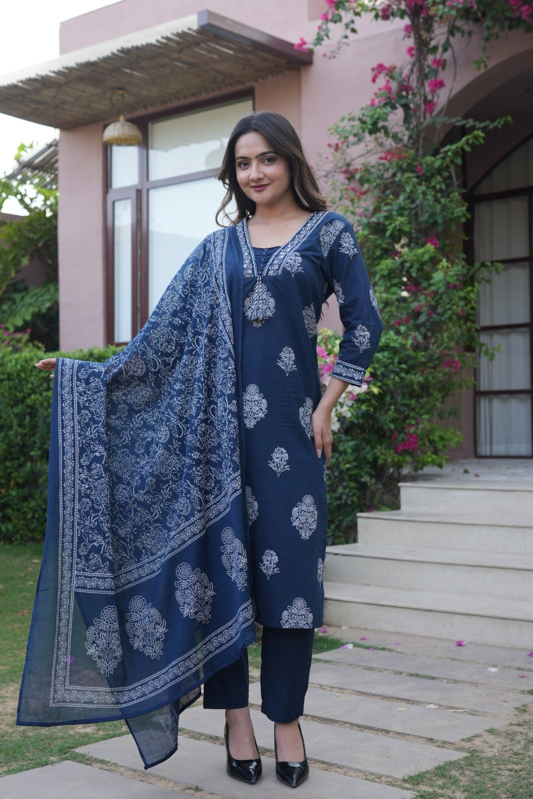 Navy Blue Embroidered Ethnic Set – Kurta, Pant & Dupatta
