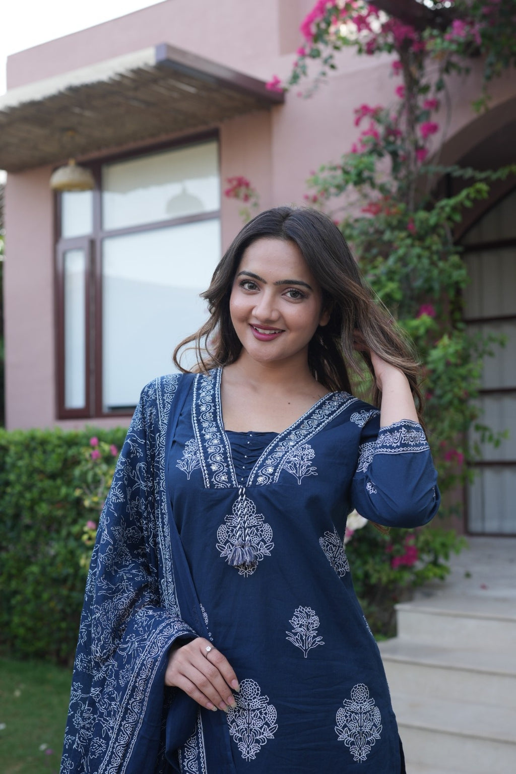 Navy Blue Embroidered Ethnic Set – Kurta, Pant & Dupatta