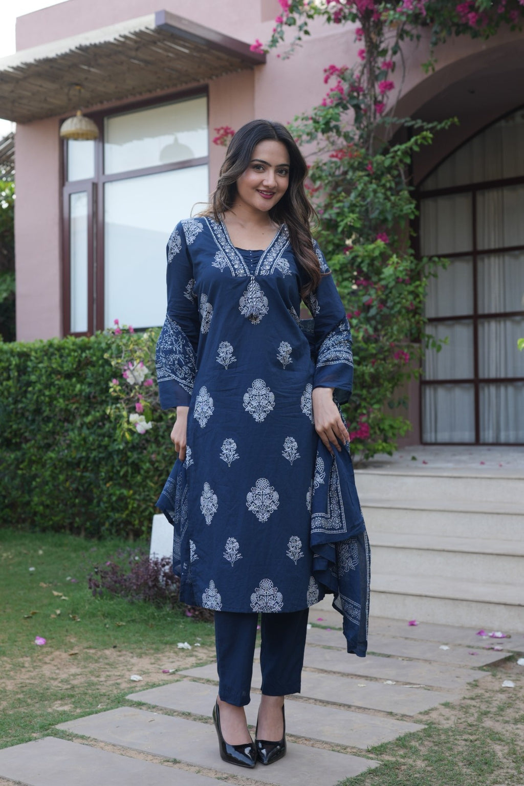 Navy Blue Embroidered Ethnic Set – Kurta, Pant & Dupatta