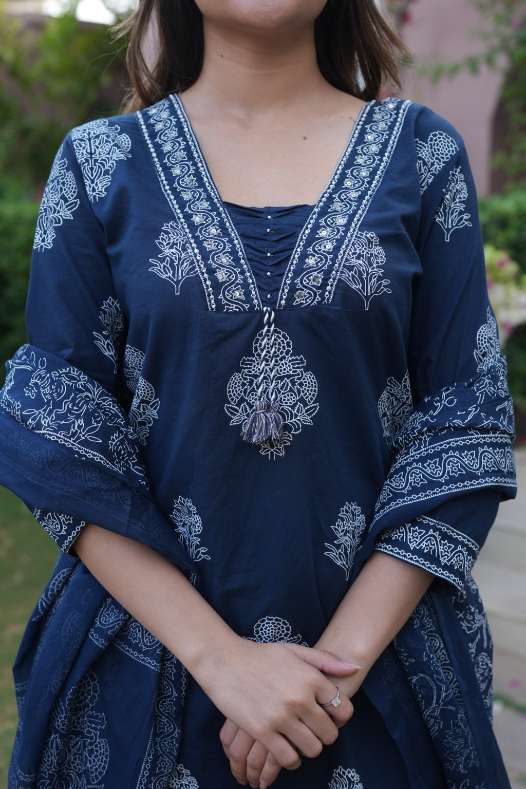 Navy Blue Embroidered Ethnic Set – Kurta, Pant & Dupatta