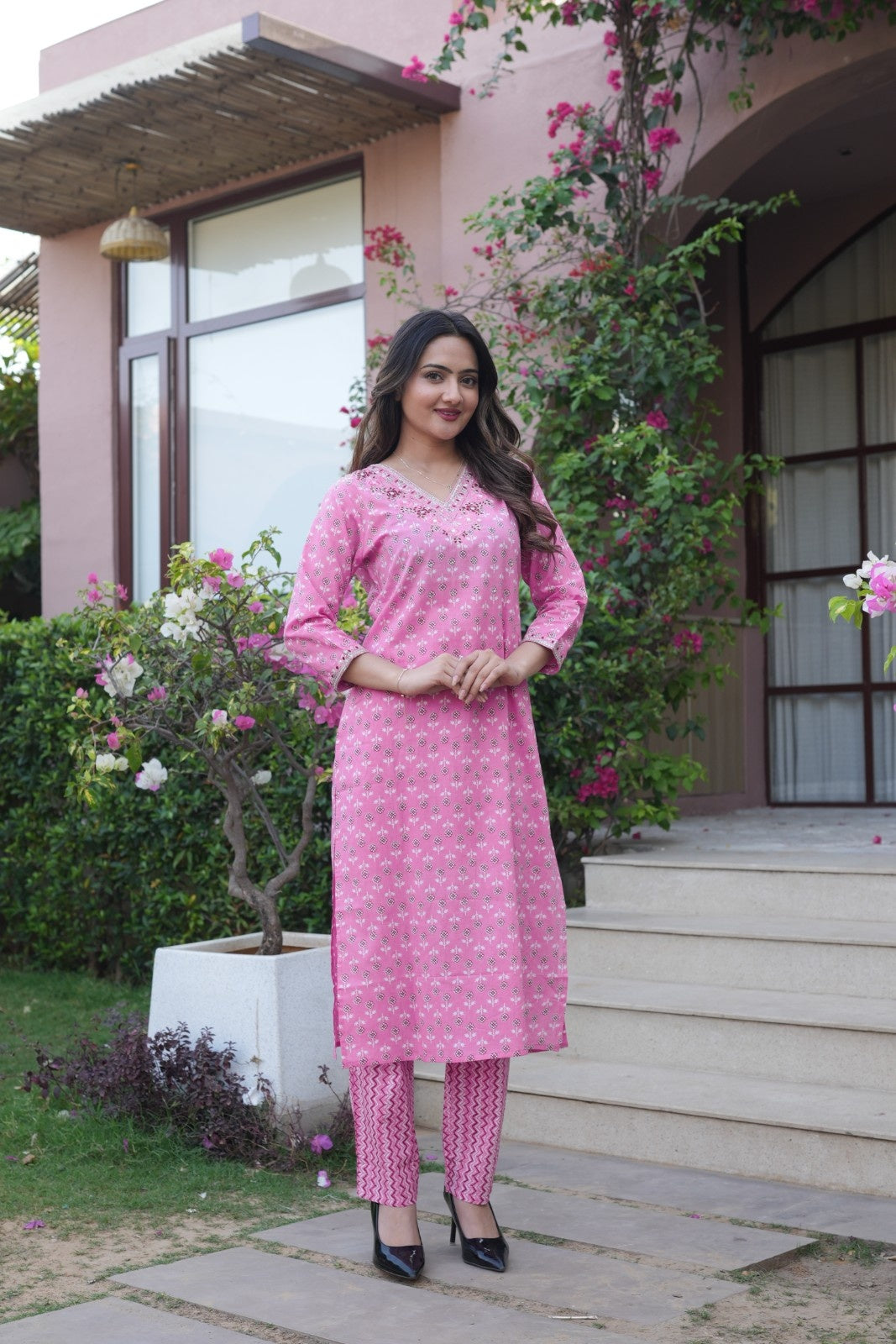 Rose Pink Printed Ethnic Set – Kurta, Pant & Dupatta