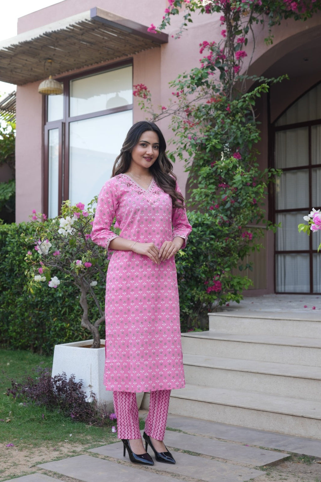 Rose Pink Printed Ethnic Set – Kurta, Pant & Dupatta