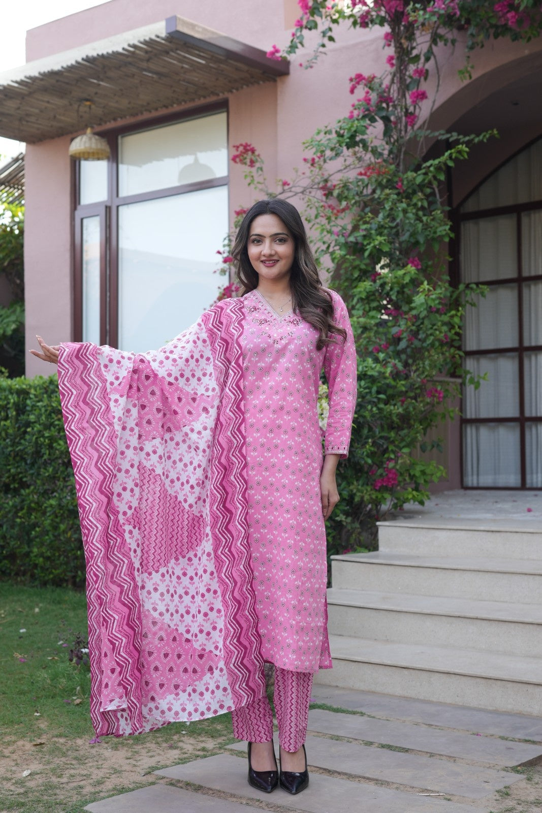 Rose Pink Printed Ethnic Set – Kurta, Pant & Dupatta