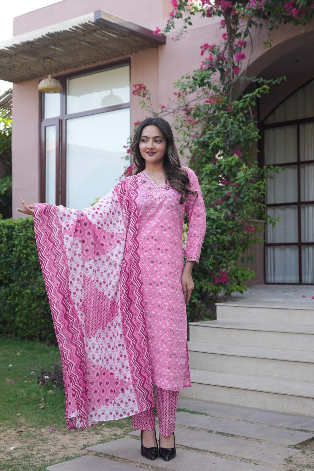Rose Pink Printed Ethnic Set – Kurta, Pant & Dupatta
