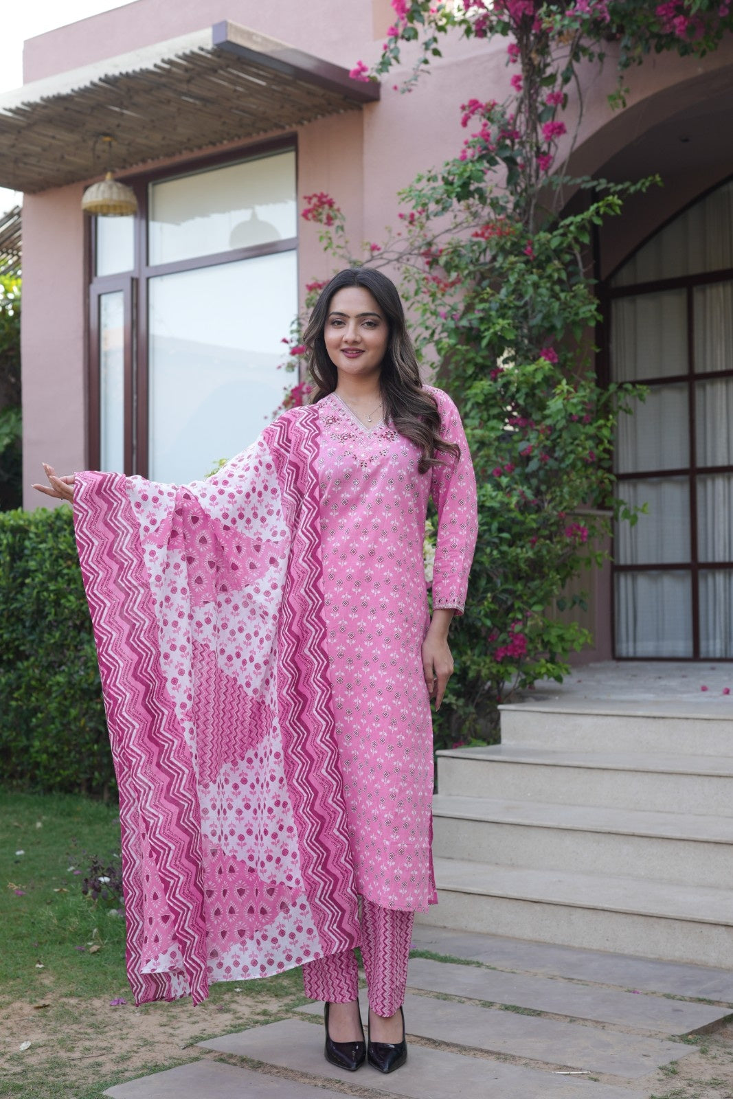 Rose Pink Printed Ethnic Set – Kurta, Pant & Dupatta