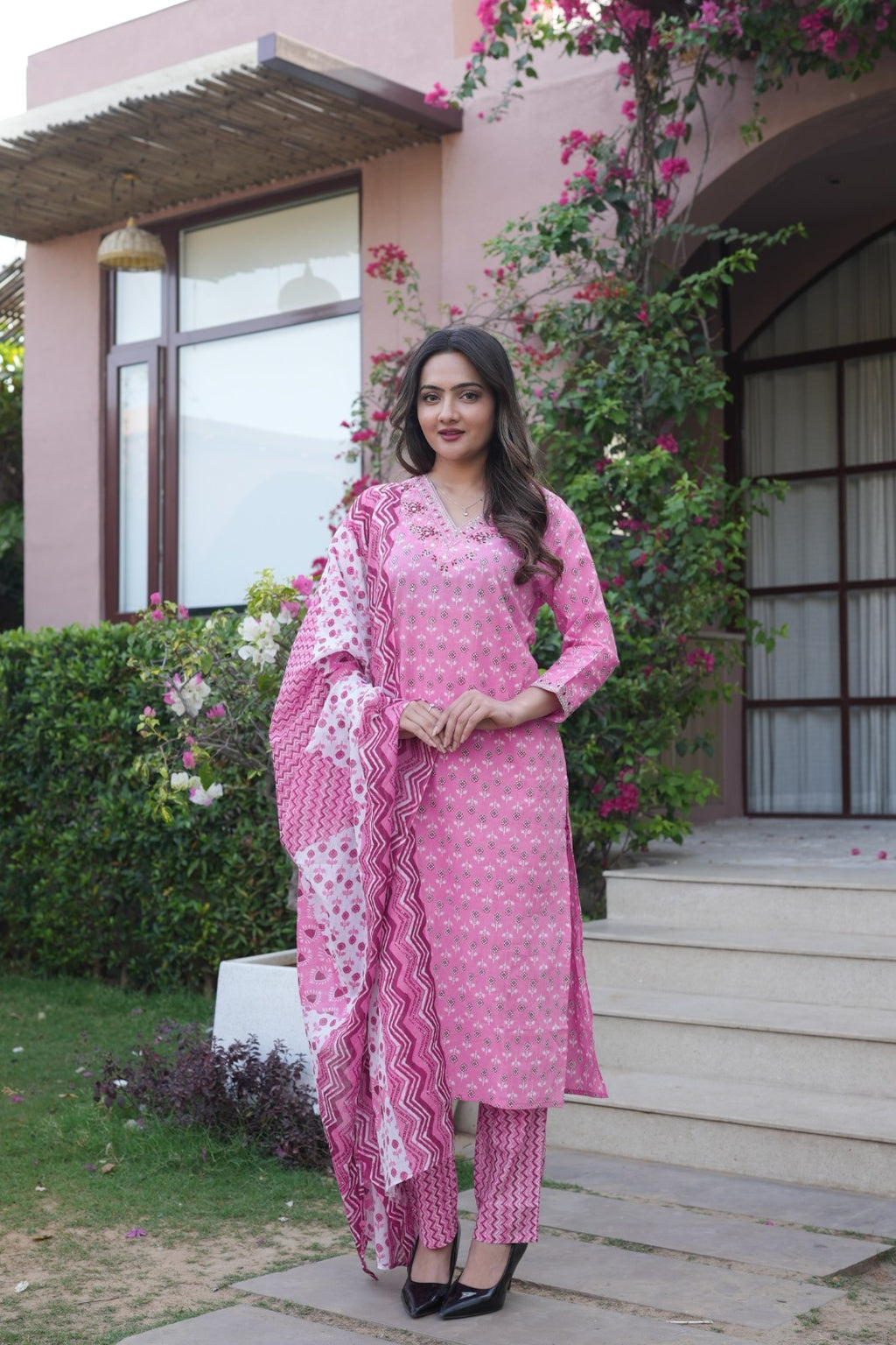 Rose Pink Printed Ethnic Set – Kurta, Pant & Dupatta