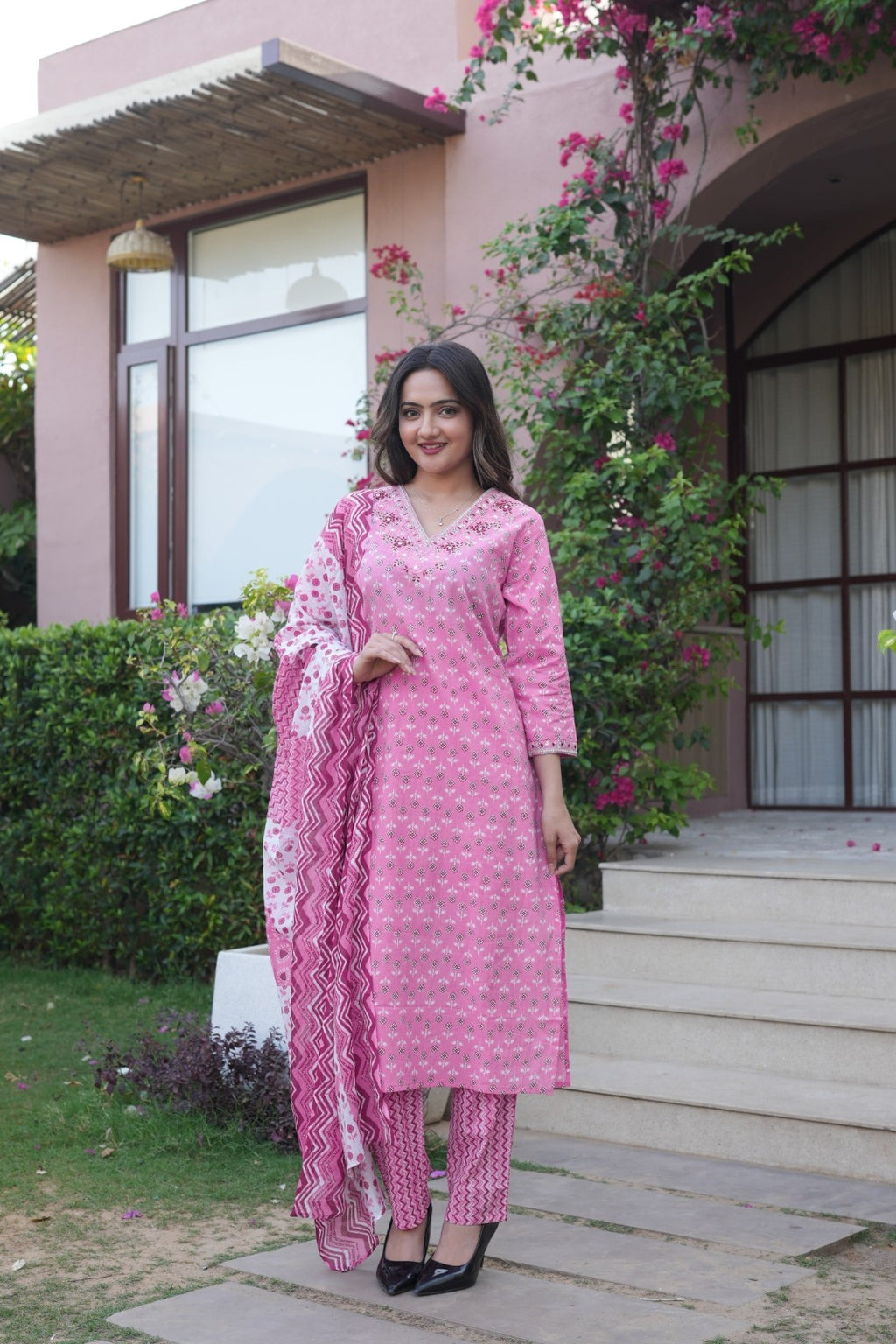 Rose Pink Printed Ethnic Set – Kurta, Pant & Dupatta