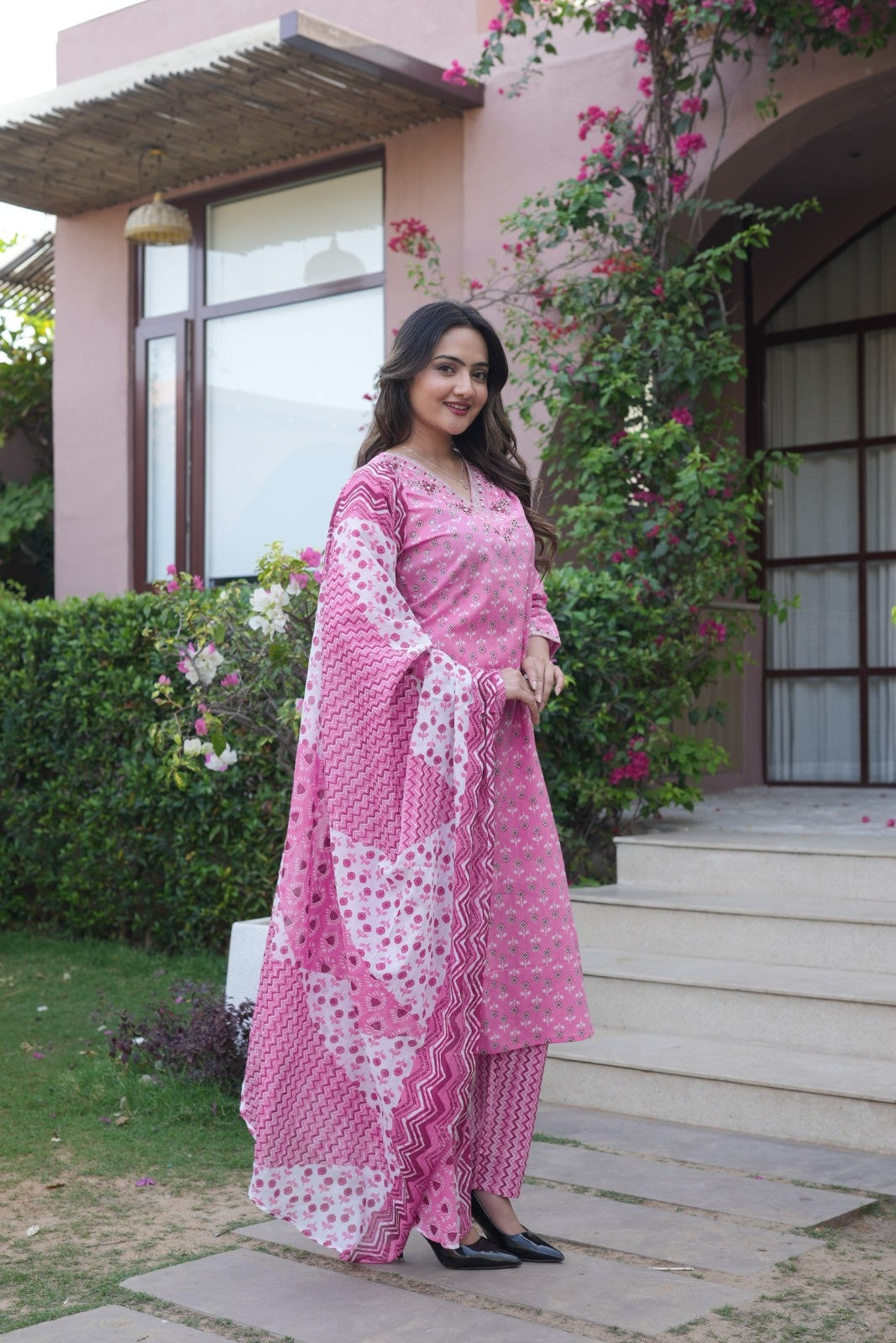 Rose Pink Printed Ethnic Set – Kurta, Pant & Dupatta