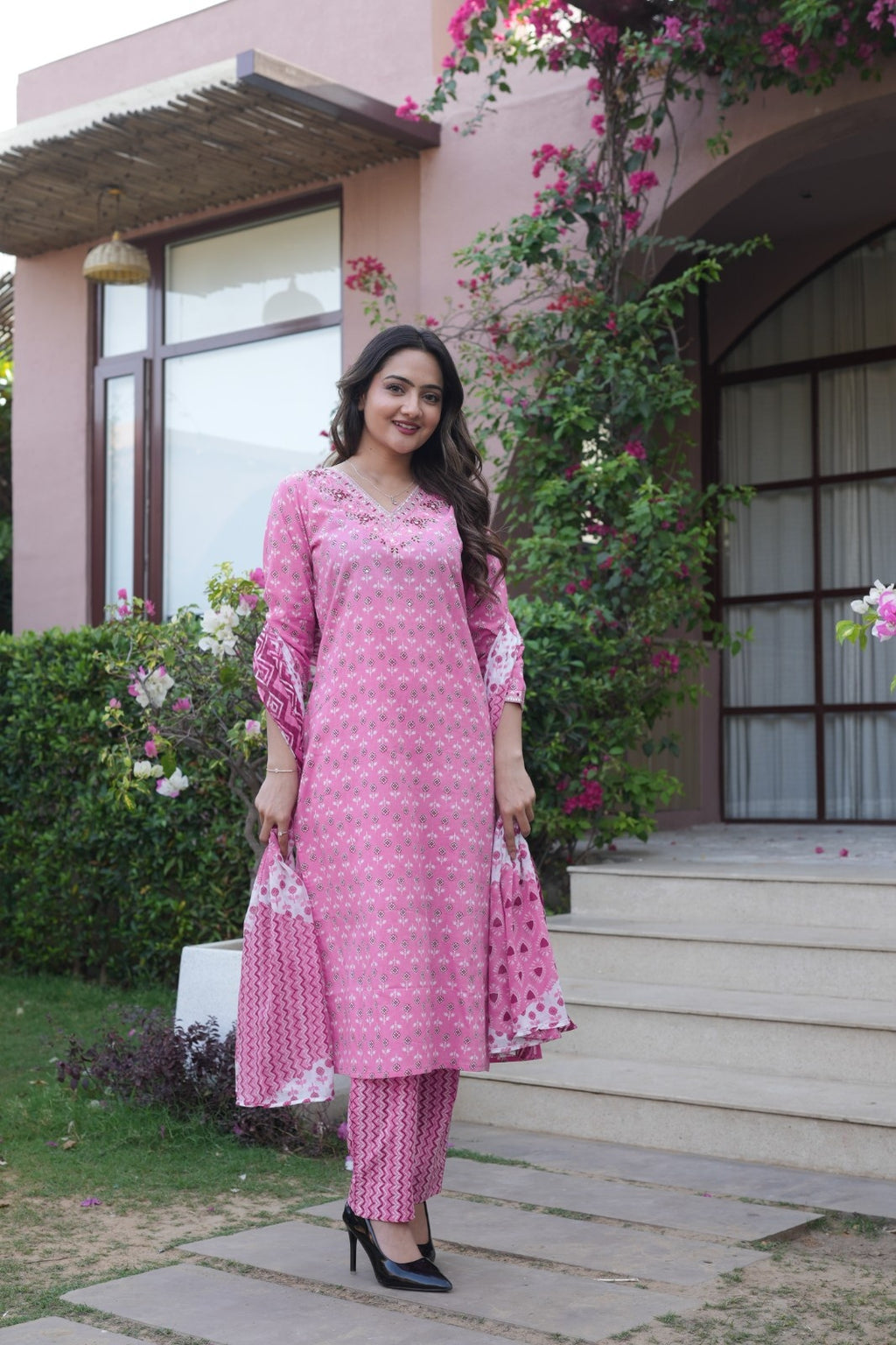 Rose Pink Printed Ethnic Set – Kurta, Pant & Dupatta